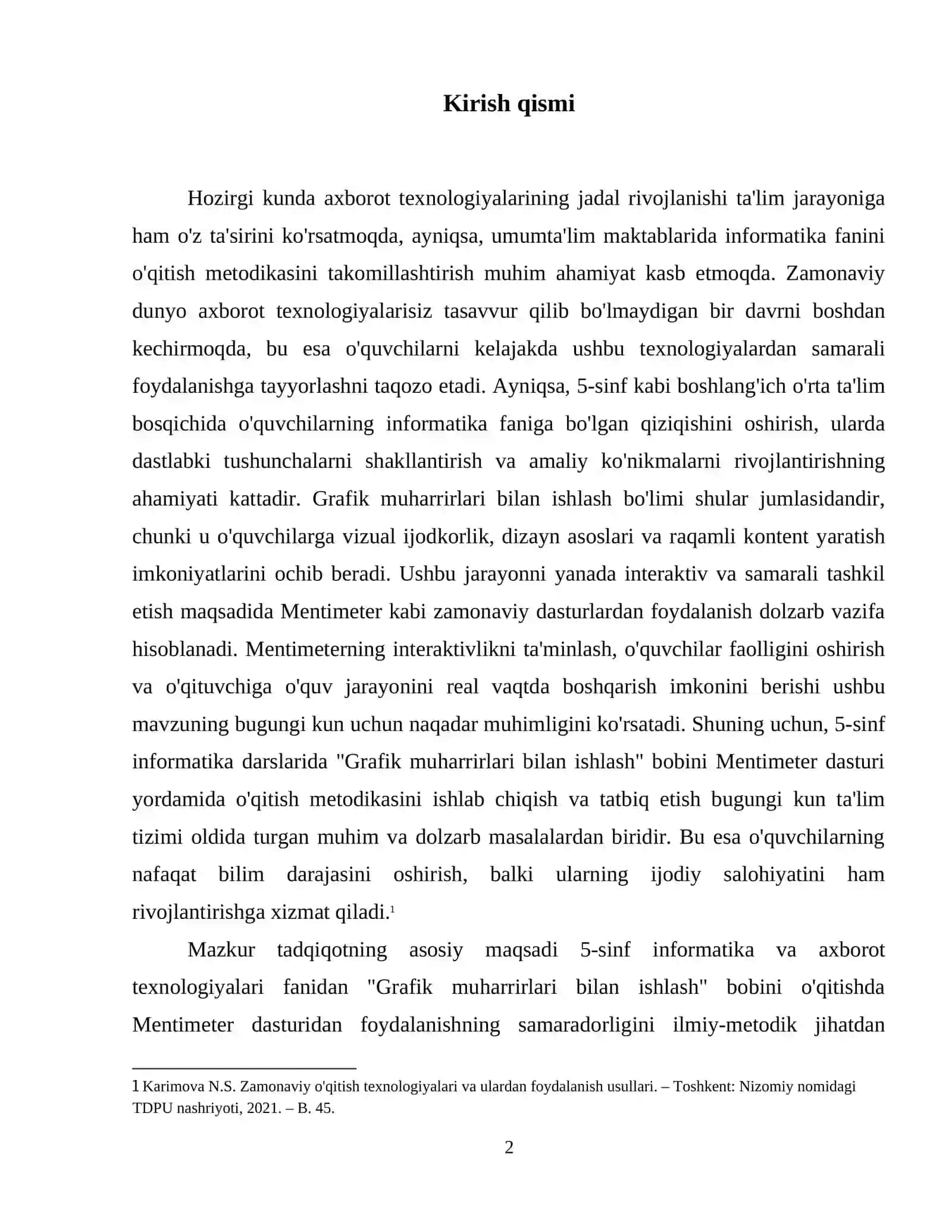 5-sinf informatika va axborot texnologiyalari fanidan ''Grafik muharrirlari bilan ishlash" bobini Mentimeter dasturi yordamida oʻqitish metodikasi. 3