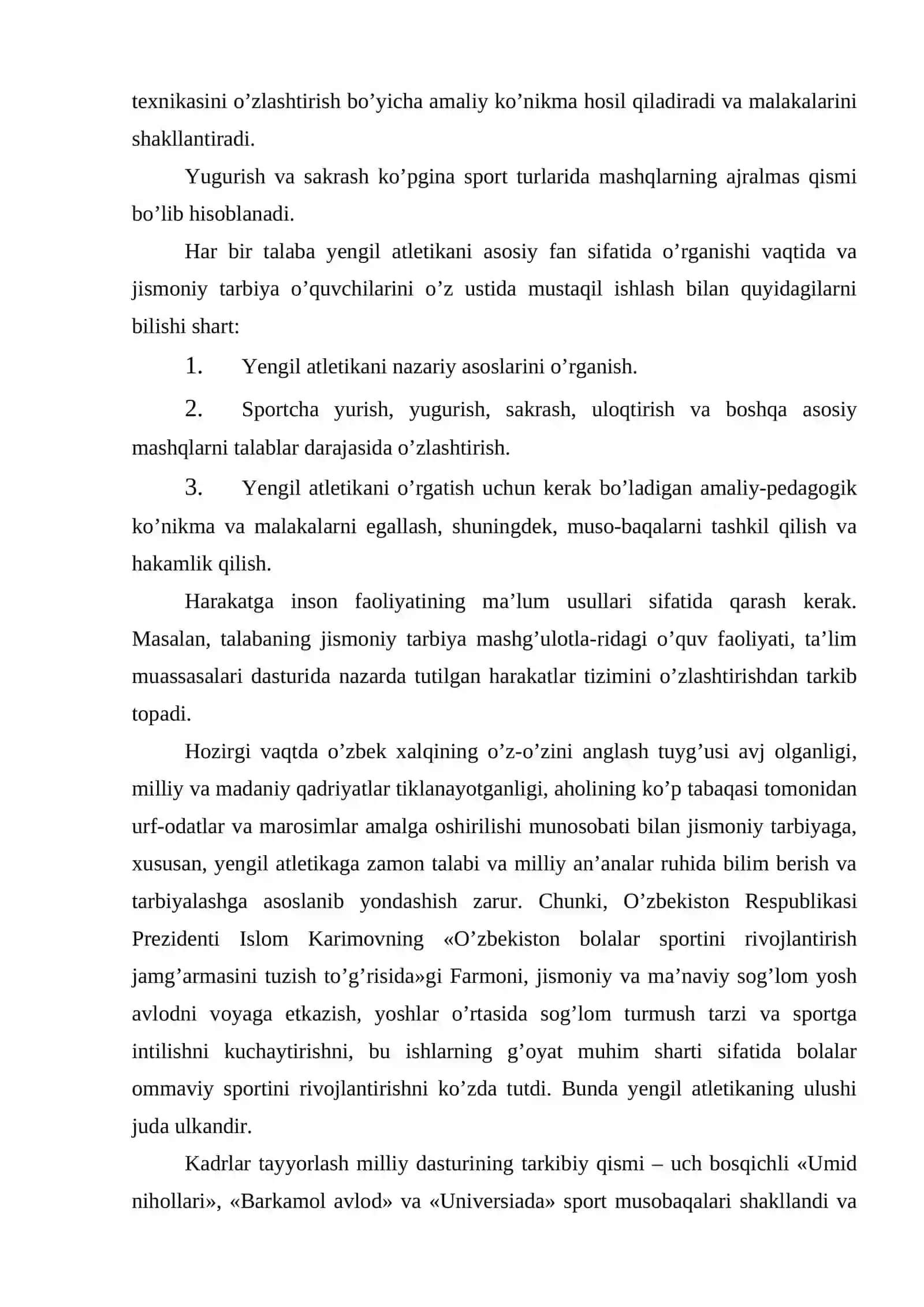 Yengil atletika faniga kirish va uning jismoniy tarbiya tizimidagi o`rni 3