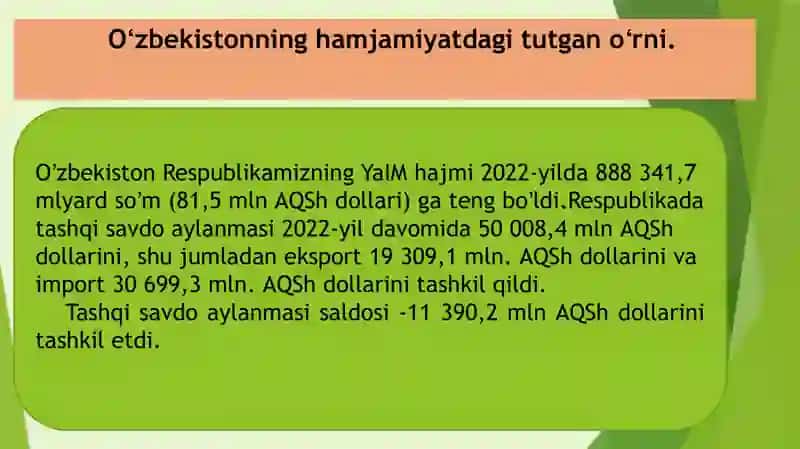 Taqdimot. Oʻzbekiston Respublikasining tashqi savdo aylanmasi. 3