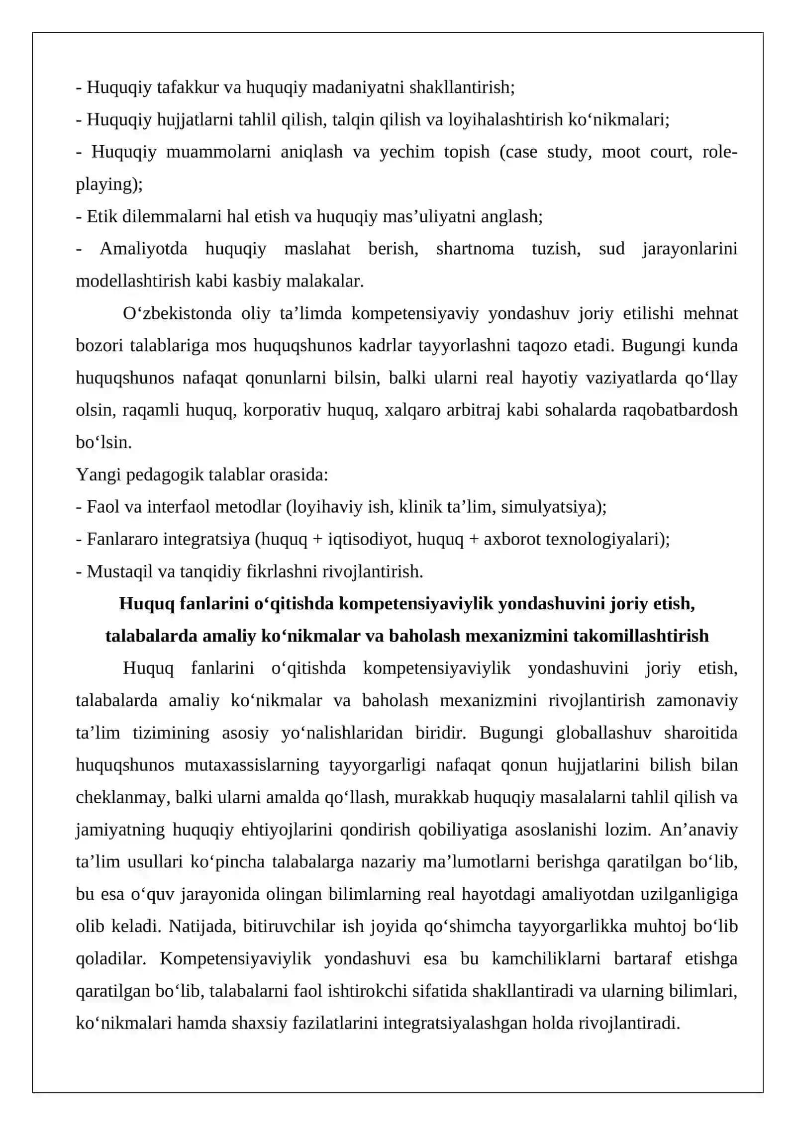 Huquq fanlarini o‘qitishda kompetensiyaviylik yondashuvini joriy etish, talabalarda 3
