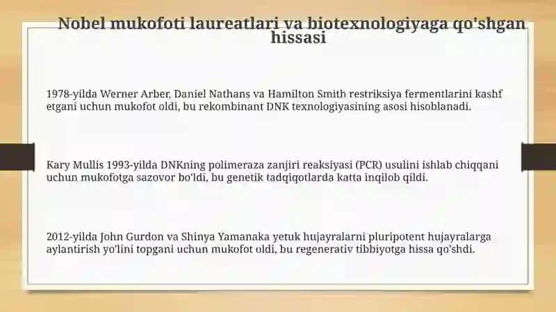 Nobel mukofoti laureatlari va biotexnologiyaga qo'shgan hissasi 3