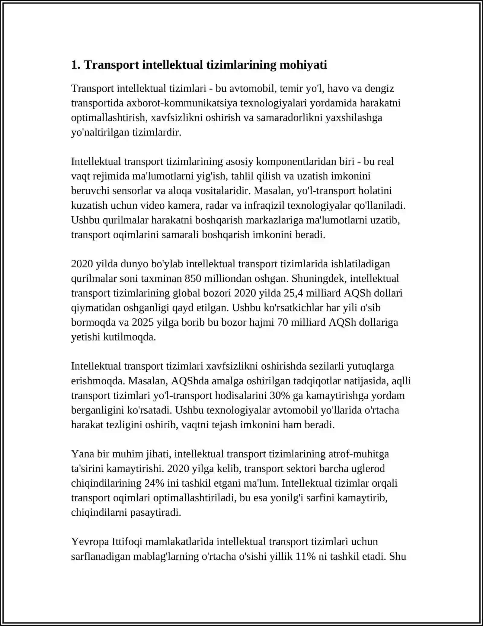 MUSTAQIL ISH Mavzu: TRANSPORT INTELLEKTUAL TIZIMLARINING YARATILISHI RIVOJLANISHINING TAHLILI 3