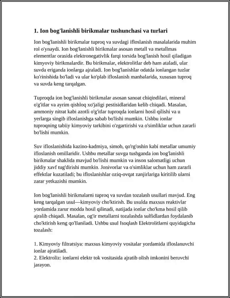 TUPROQ VA SUVNING IFLOSLANISHIDA ION BOG'LANISHLI BIRIKMALARNI ANIQLAB ULARDAN TOZALAB CHIQISH 3