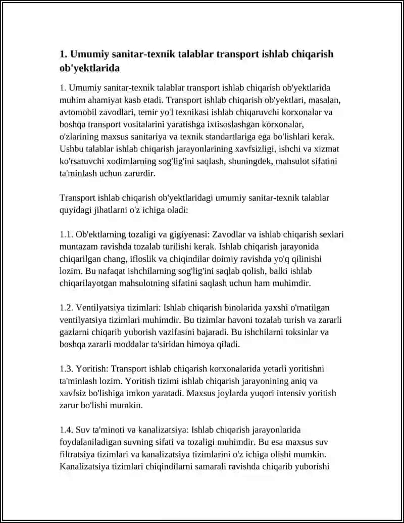 TRANSPORT ISHLAB CHIQARISH OBYEKTLARIDA SANITAR-TEXNIK TALABLAR 3