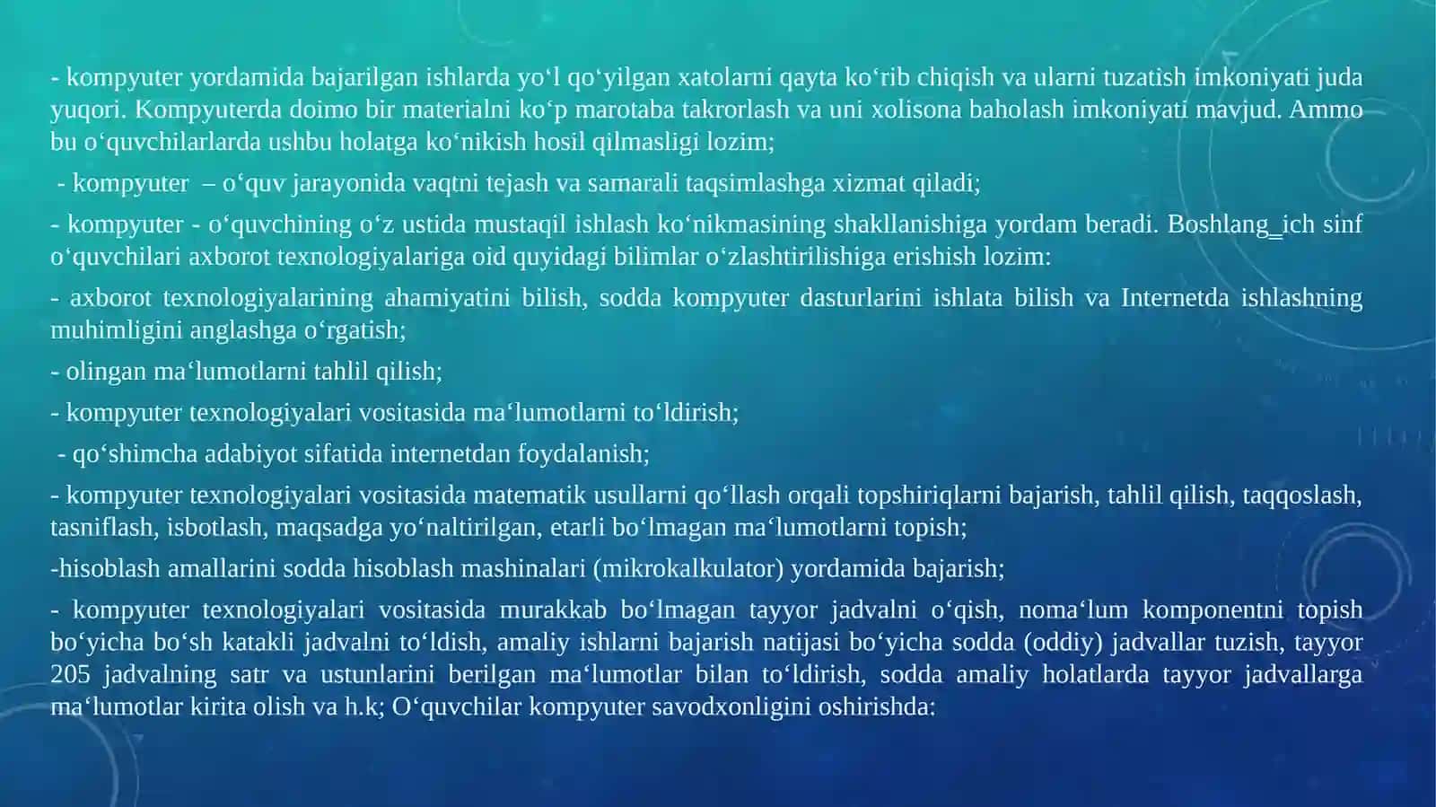 BOSHLANG‘ICH SINFLARDA AXBOROT TEXNOLOGIYASI fanidan ma‘ruzamashg’ulotlari 3