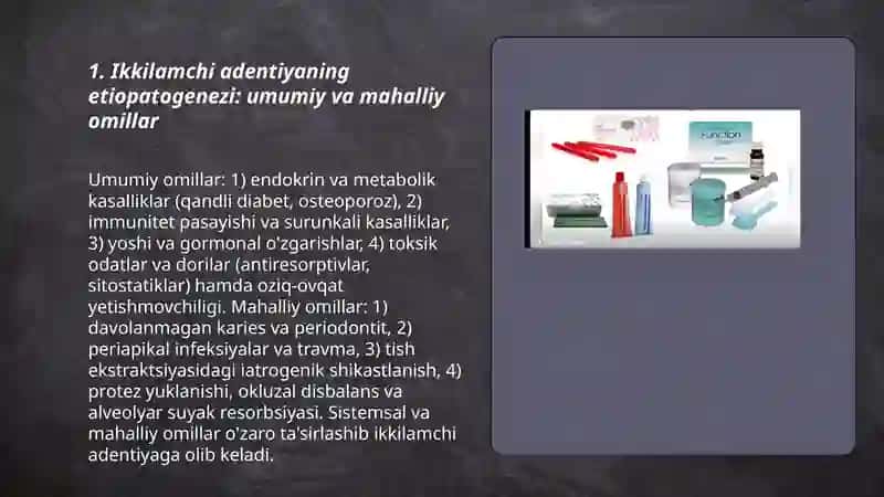 Ortopedik stomatologiyada toʻliq tishsiz jagʻda ikkilamchi adentiyaning sabablari protezga tayyorlash terapevtik va xirurgik davolash bosqichlari 3
