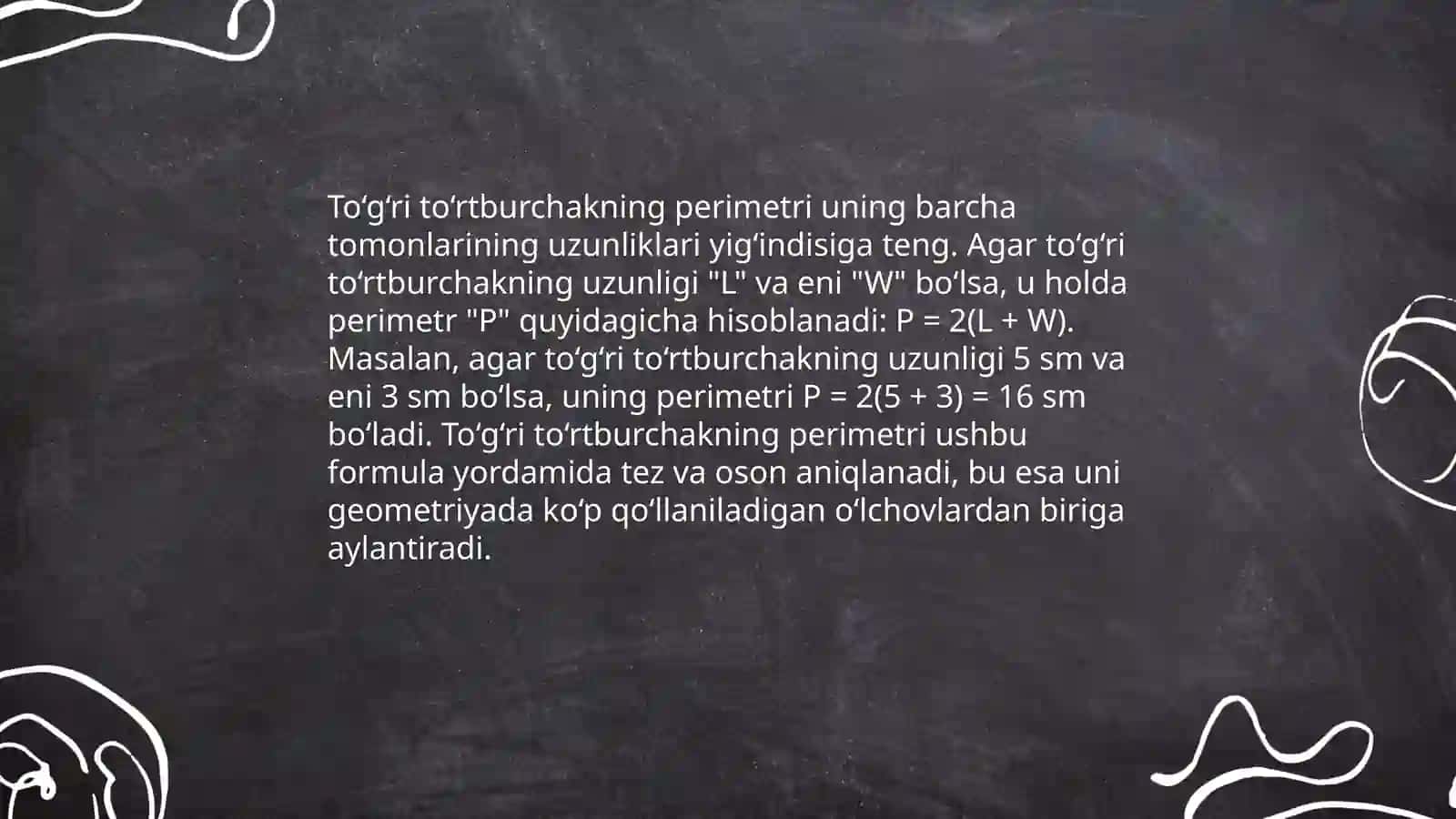 To‘g‘ri to‘rtburchak va kvadratning perimetrini, yuzaga doir masalalar yechishga o‘rgatish 3