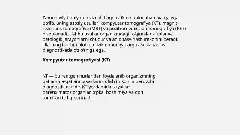 Kompyuter tomografiyasi va uning fizik asoslari. Magnit-rezonans tomografiyaning fizik asoslari. Pozitron-emission tomografiya 3