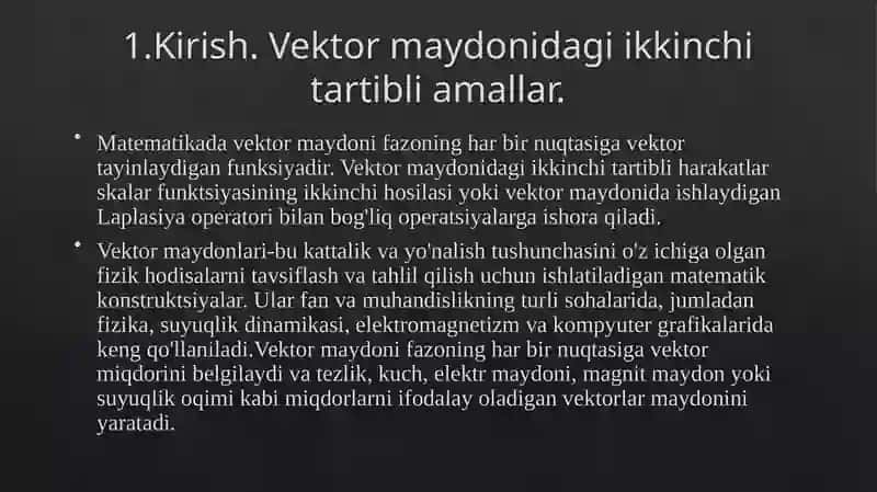 VEKTOR MAYDONIDAGI IKKINCHI TARTIBLI AMALLAR. NABLA OPERATORI BILAN AMALLARNI BAJARISH 3