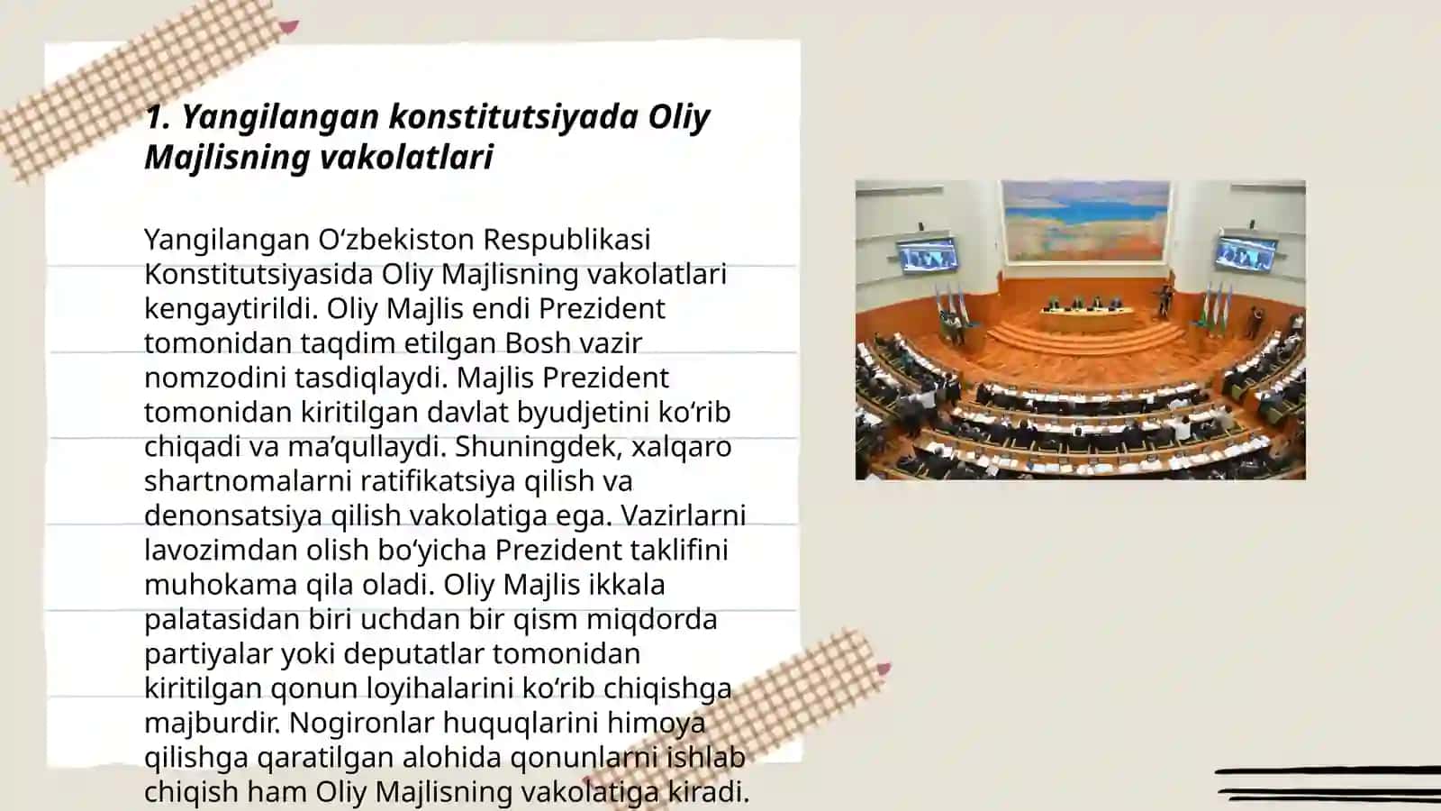 Yangilangan konstitutsiyada oliy majlisning davlat organlari tizimidagi o'rni va funksiyalari 3