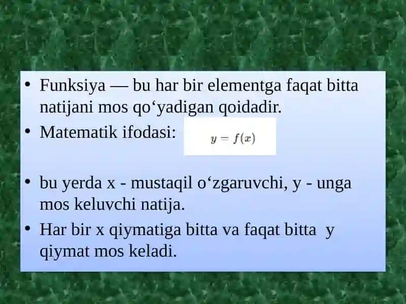Mavzu:Funksiya tushunchasi va uning berilish usullari. Chiziqli funksiya haqida tushuncha va uning xossalari. 3