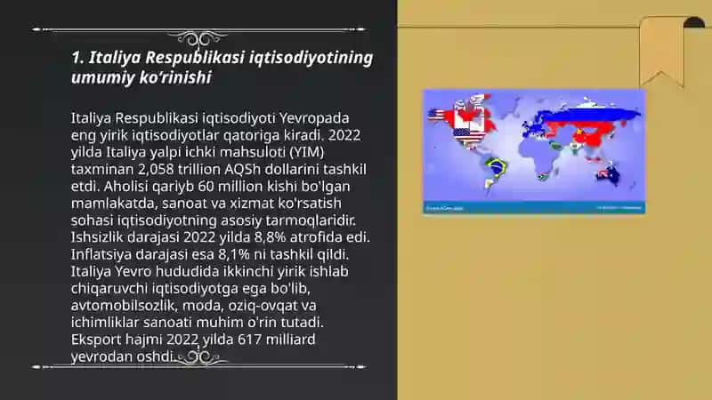 Italiya Respublikasi iqtisodiyoti va jahon mamlakatlari bilan olib borayotgan iqtisodiy munosabatlar 3