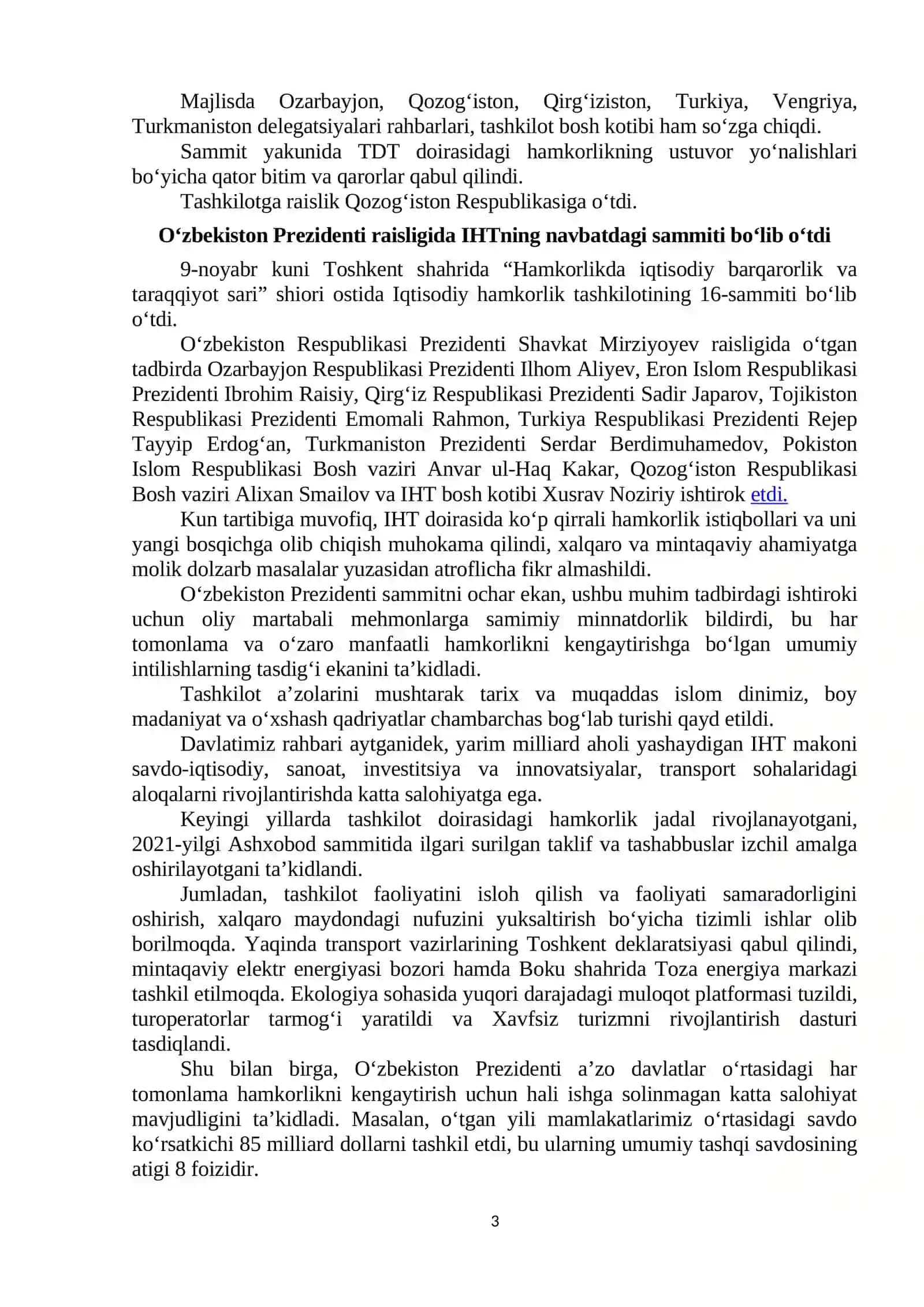 Turkiy davlatlar tashkiloti sammitida muhim tashabbuslarni ilgari surdi 3