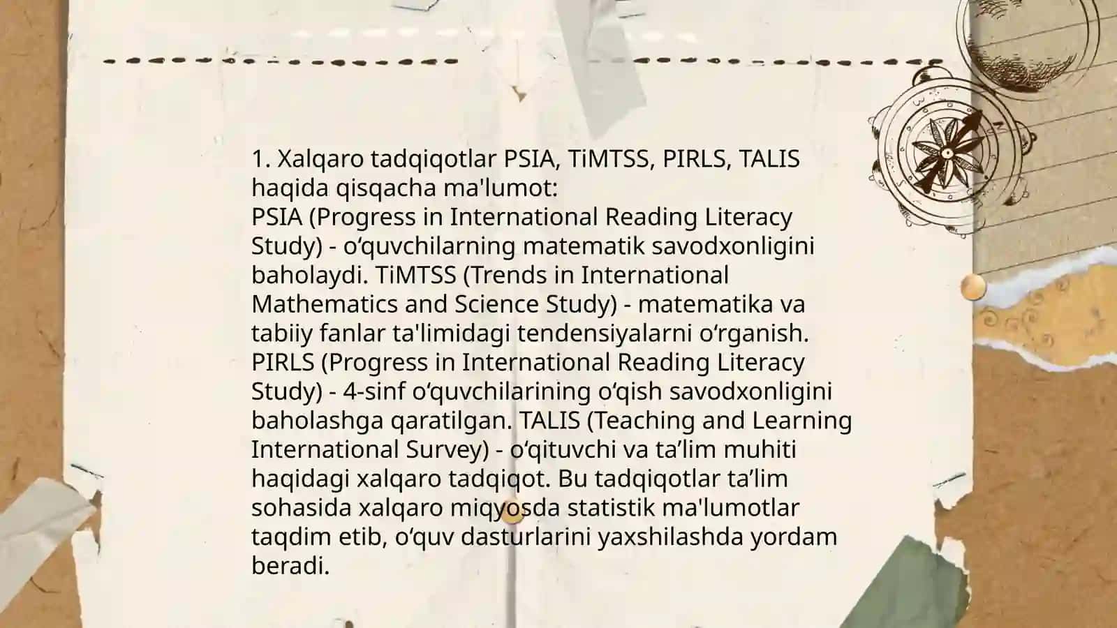 Xalq talim tizimida talim sifatini baholash boʻyicha xalqaro tadqiqotlarni (PSIA,TiMTSS,PIRLS,TALIS) joriy etishning meyoriy-xuquqiy asoslari asosiy maqsadlari va chora tadbirlar 3
