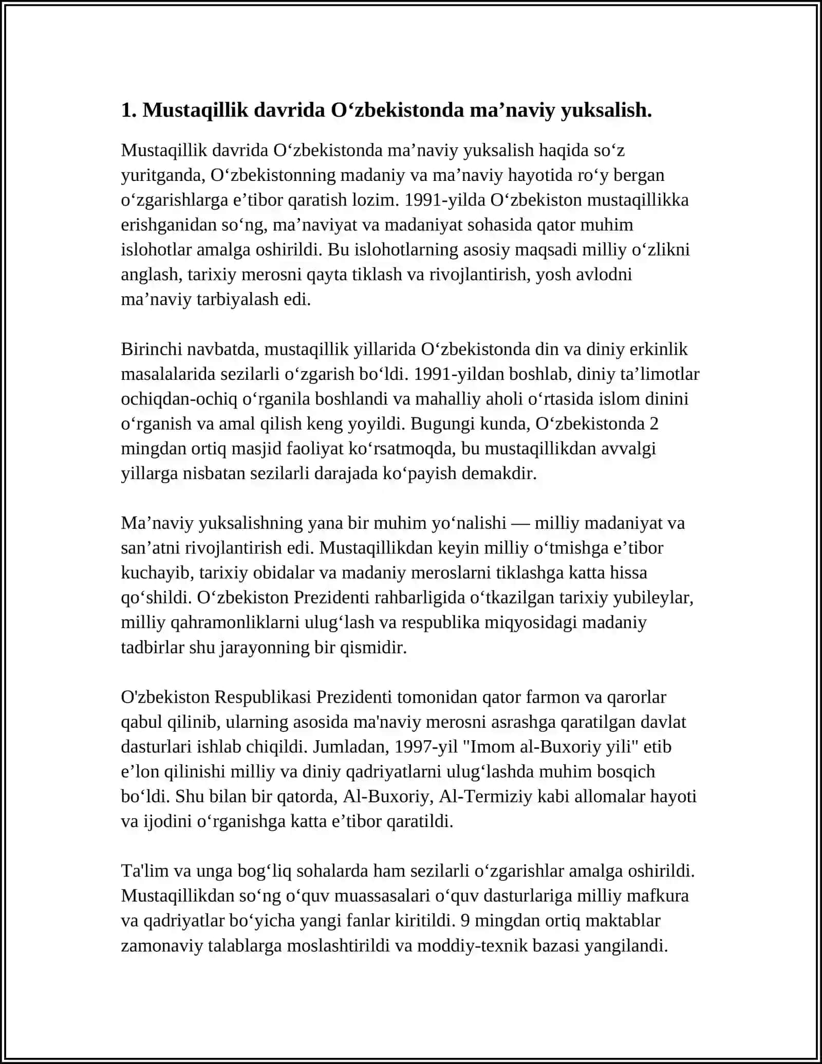 MUSTAQILLIK YILLARIDA OʻZBEKISTONDAGI MAʼNAVIY VA MADANIY TARAQQIYOT 3