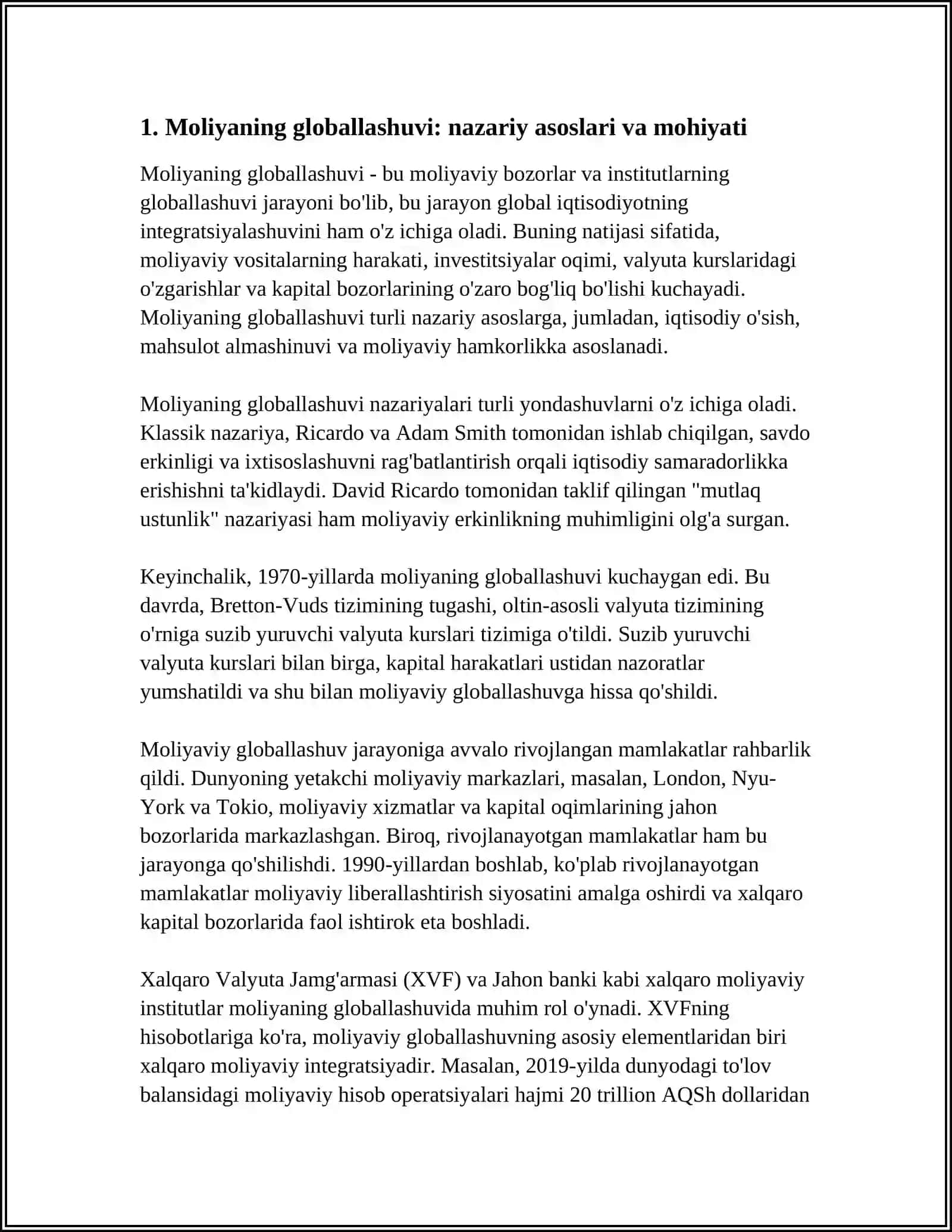 Moliyaning Globallashuvi Sharoitidagi Ahamiyati Referat 3