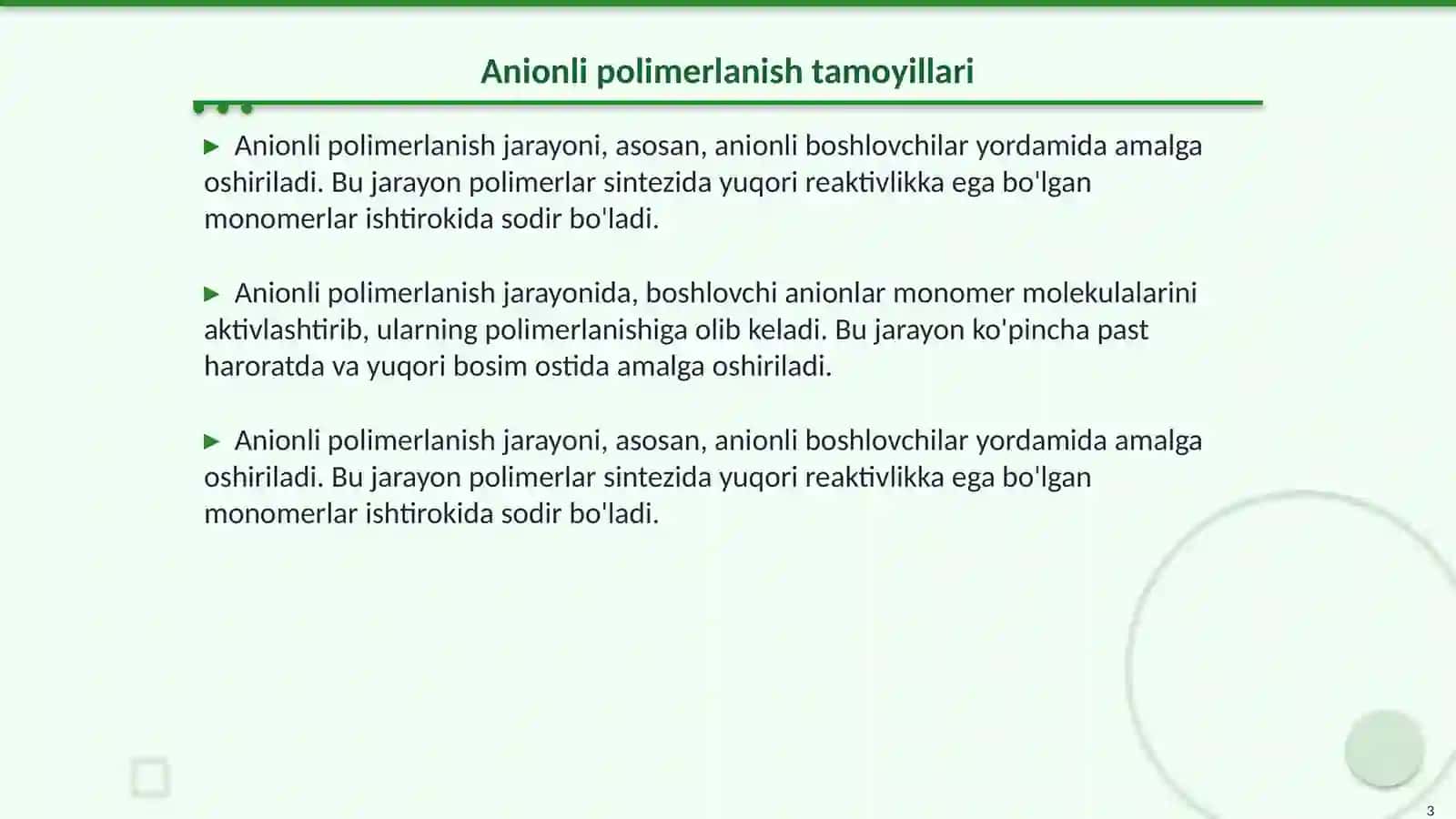 Anionli polimerlanish reaksiyalari va ularning o‘ziga xos xususiyatlari 3