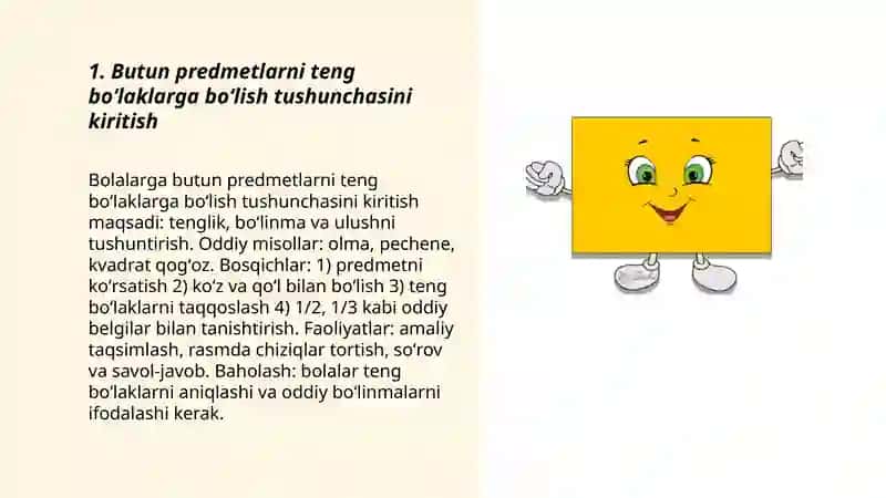 Butun predmetlarni teng boʻlaklarga boʻlishga oʻrgatish 3