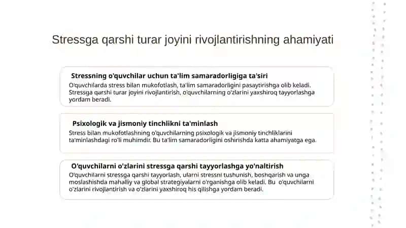 Reja: O'quvchilardastressgaqarshiturarjoyinirivojlantirishusullari 3