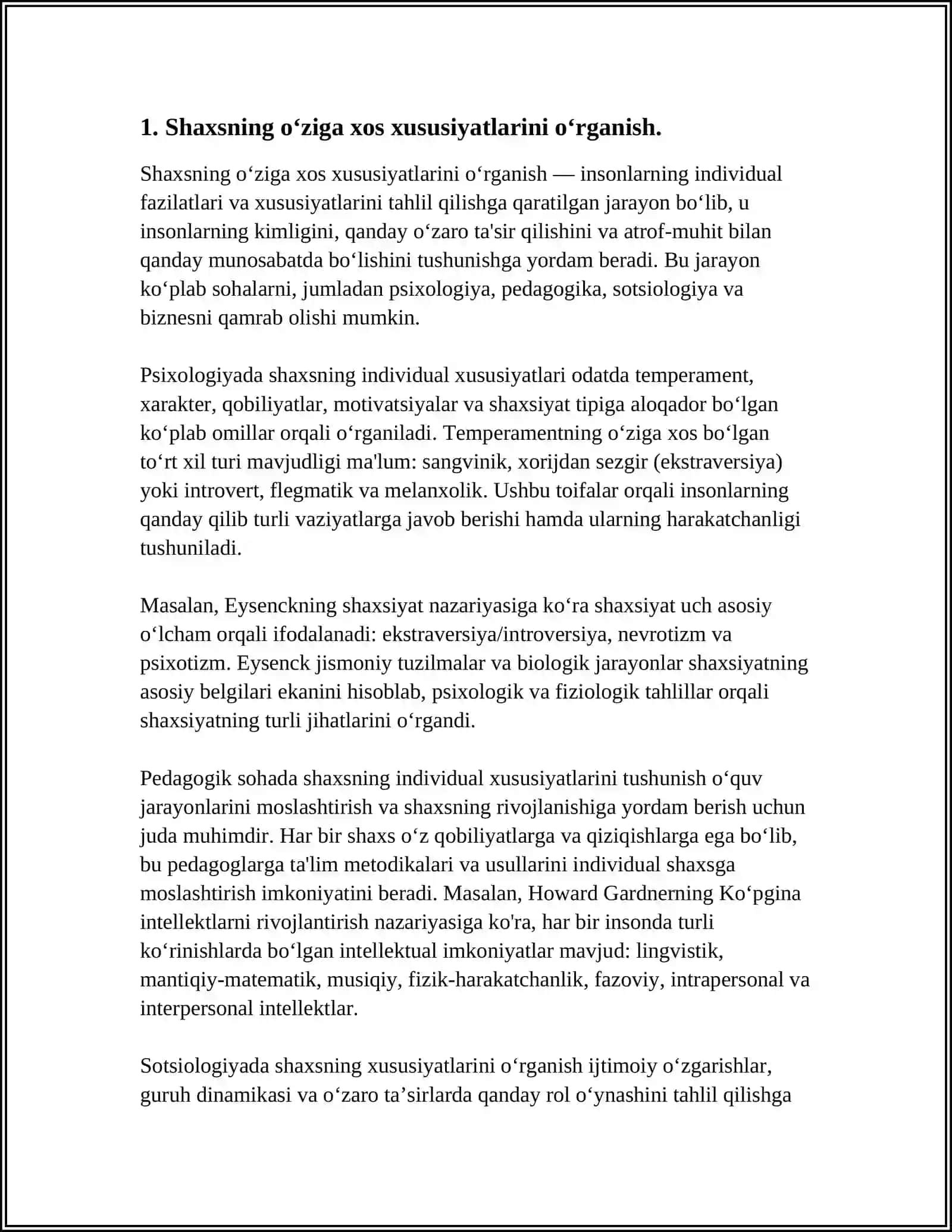 SHAXSNI O‘RGANISH SO‘ROVNOMALARI. 2.G.AYZENKNING “EKSTROVERSIYA-INTROVERSIYA VA NEYROTIZMNI ANIQLASH” SO‘ROVNOMASIGA EKVALENT VARIANT TAYYORLASH 3