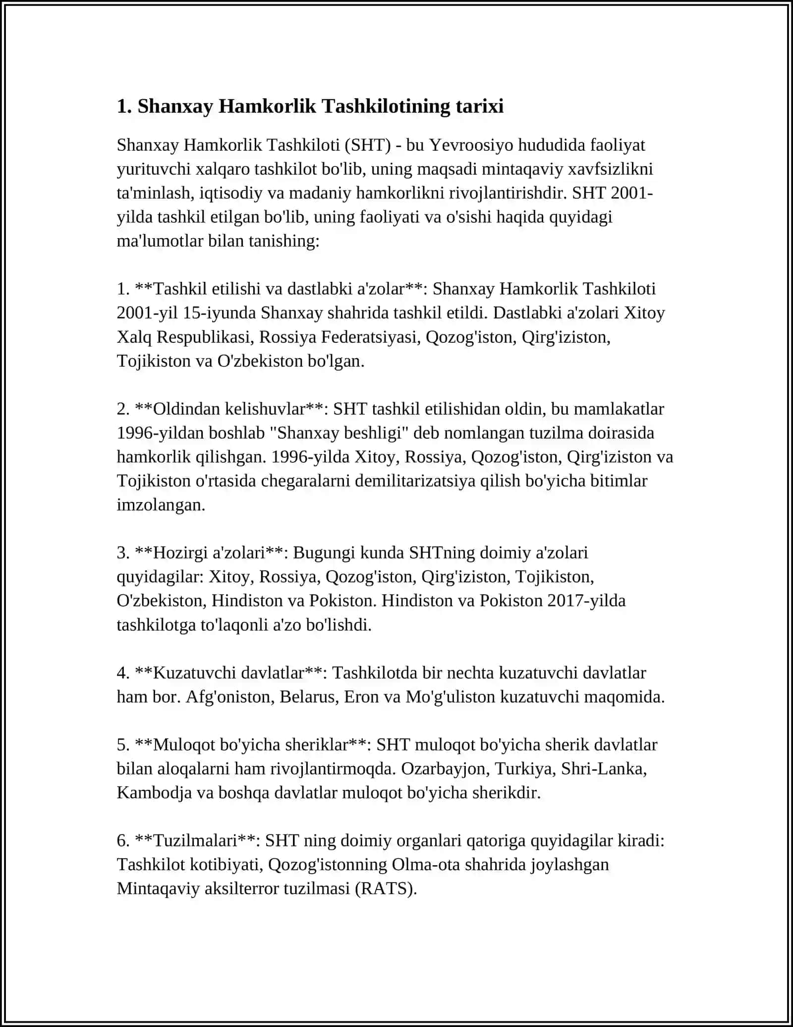 Shanxay Hamkorlik Tashkiloti Tarixi 3