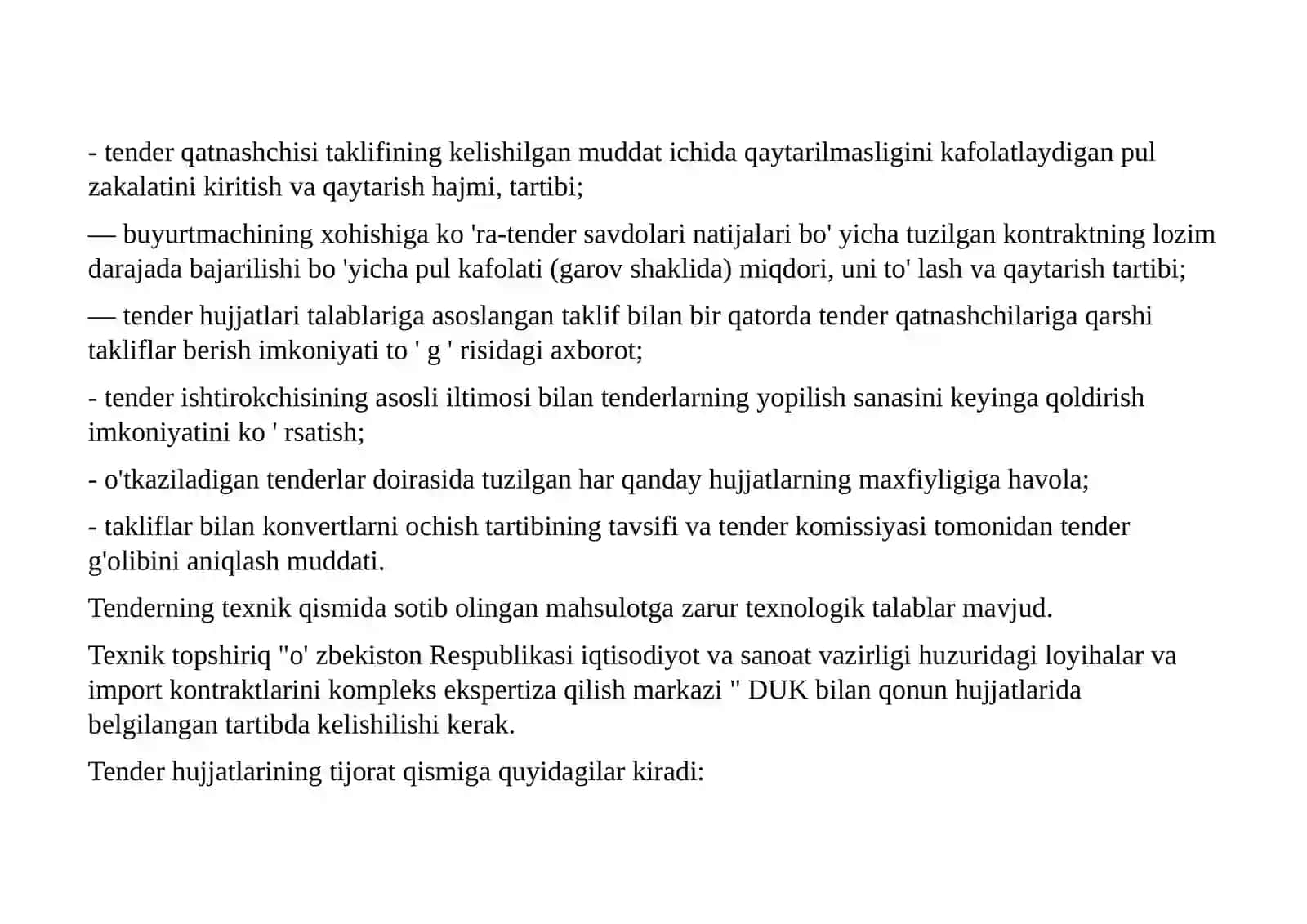 YO'L QURILISHI OB'EKTLARI BO'YICHA TENDER SAVDOLARI UCHUN TALAB 3
