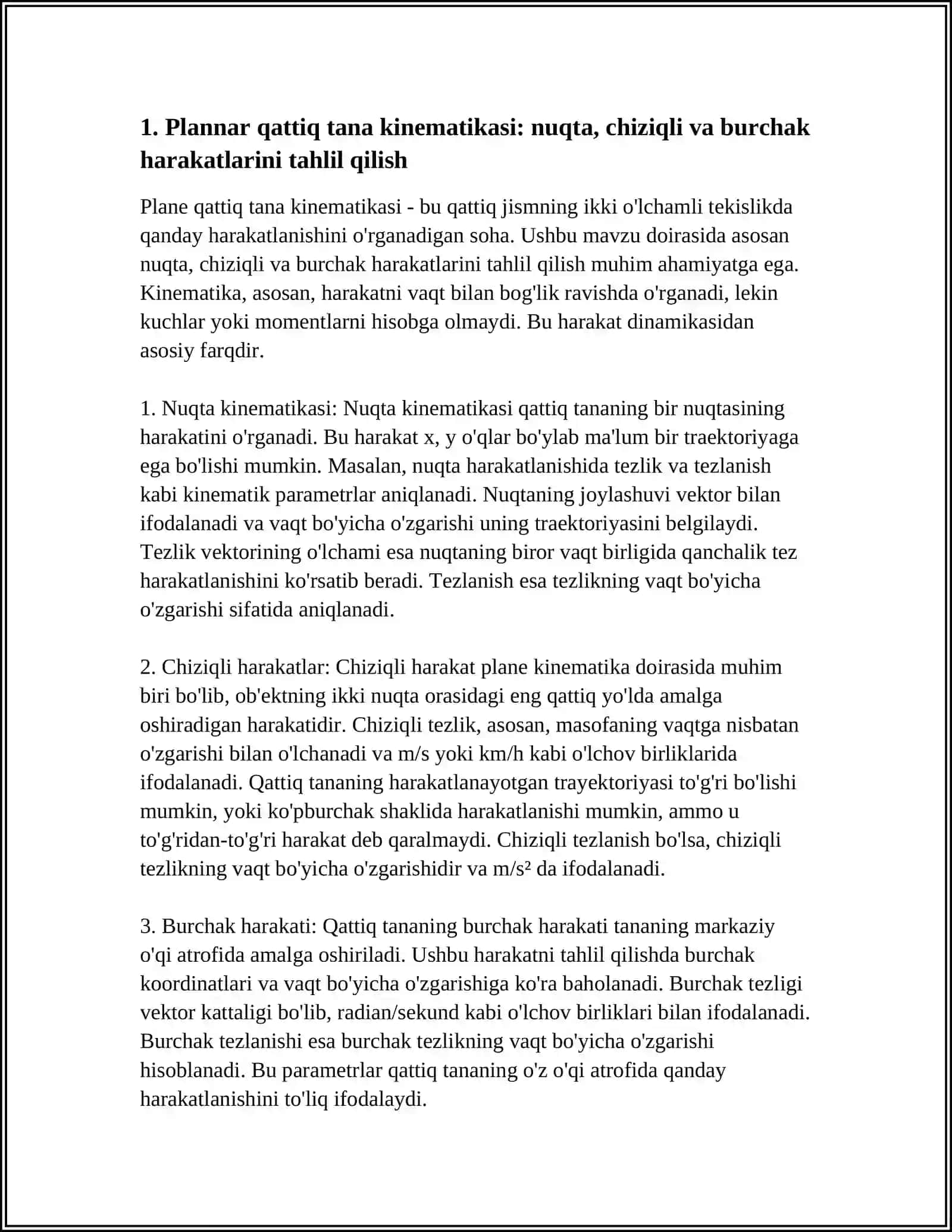 KINEMATIKA ELEMENTLARI. KINEMATIKANING MUHANDISLIK MASALALARI 3
