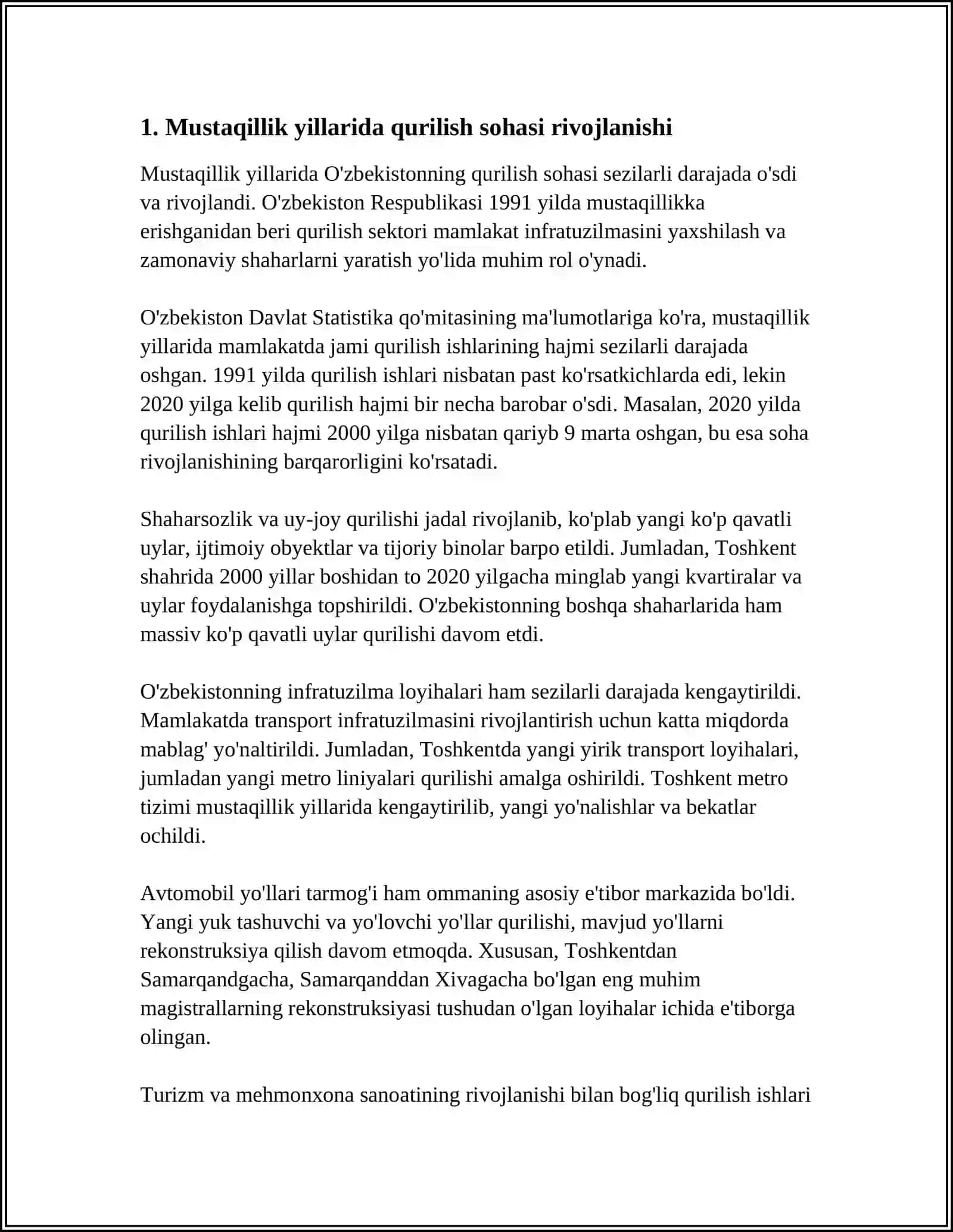 OʻZBEKISTONDA MUSTAQILLIK YILLARIDA RESPUBLIKANI RIVOJLANTIRISH YOʻLIDA QURILISH YOʻNALISHLARINING TAHLILI 3