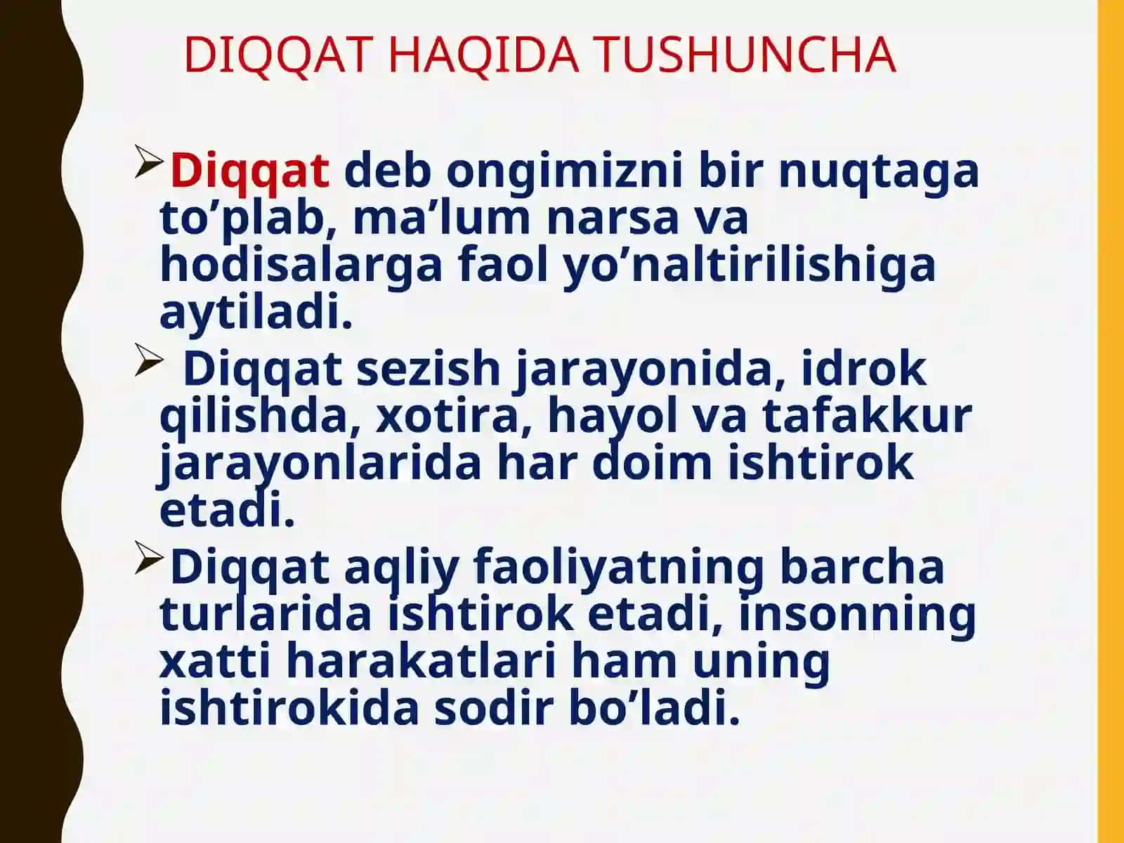 Ixtiyorsiz diqqat- rejasiz, maqsadsiz, iroda kuchisiz ongning biror obektga to’planishi 3