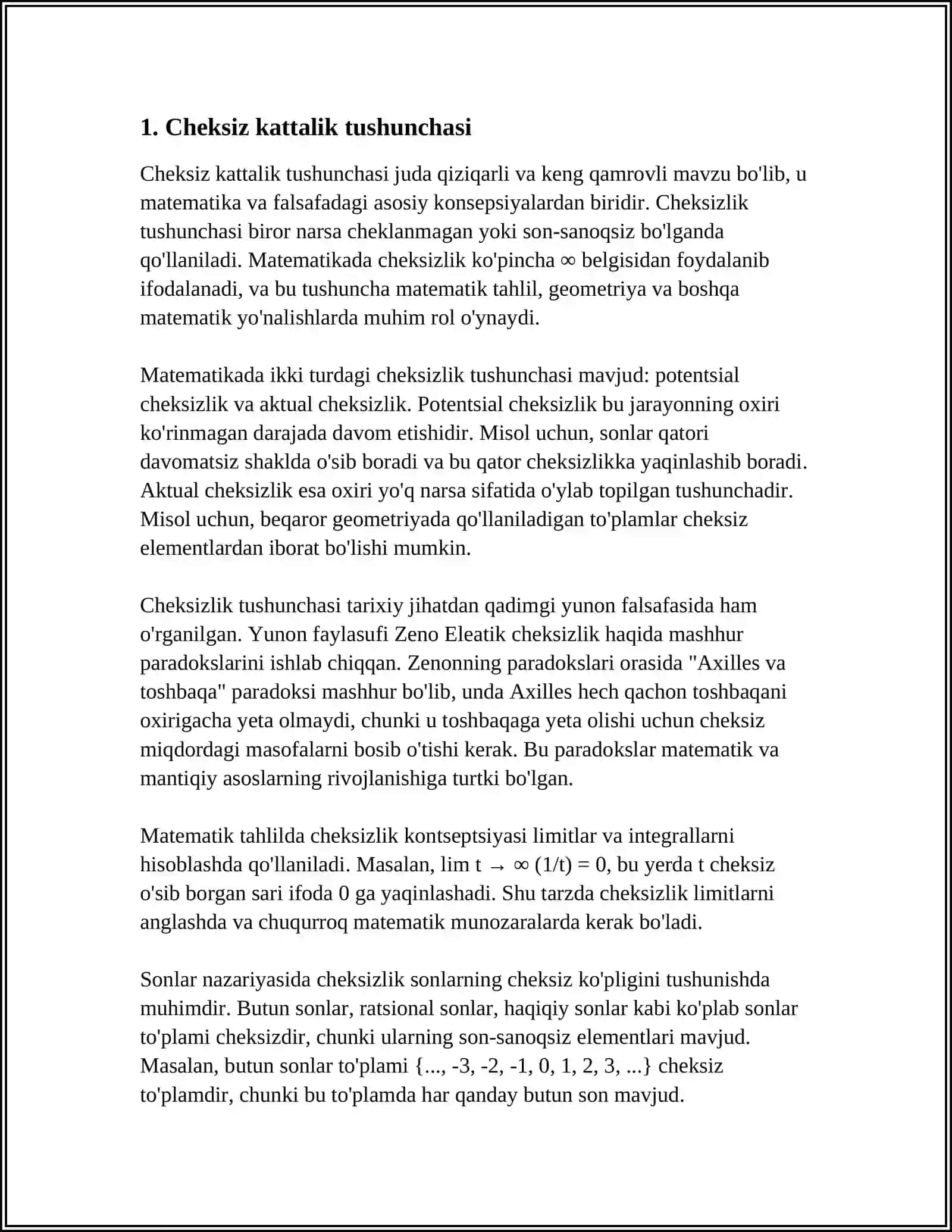 CHEKSIZ KATTA MIQDORLAR.CHEKSIZ KATTA VA CHEKSIZ KICHIK MIQDORLAR ORASIDAGI BOGLANISH 3