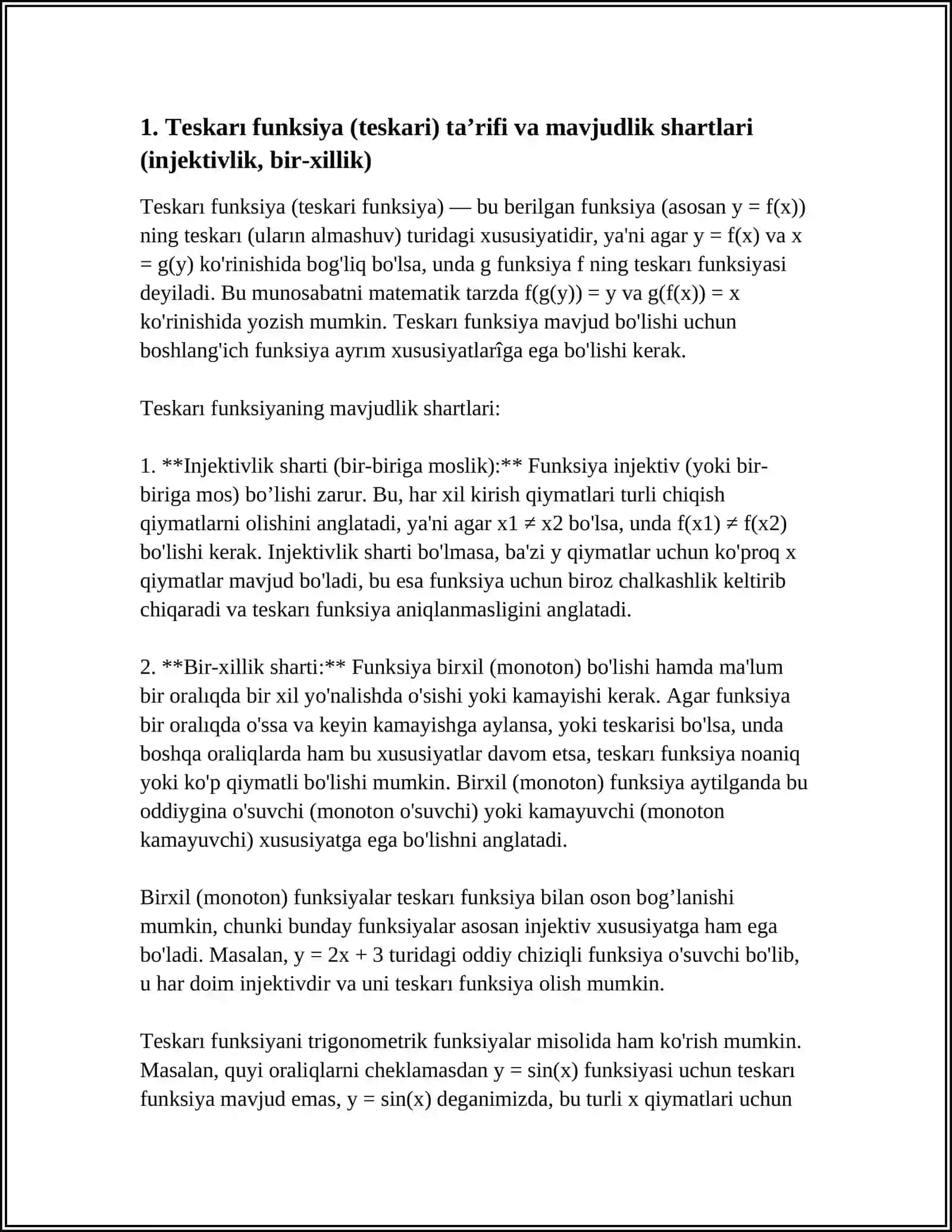 TESKARI FUNKSIYA. MURAKKAB FUNKSIYA, ELEMENTAR FUNKSIYA VA ULARNING XOSSALARI 3