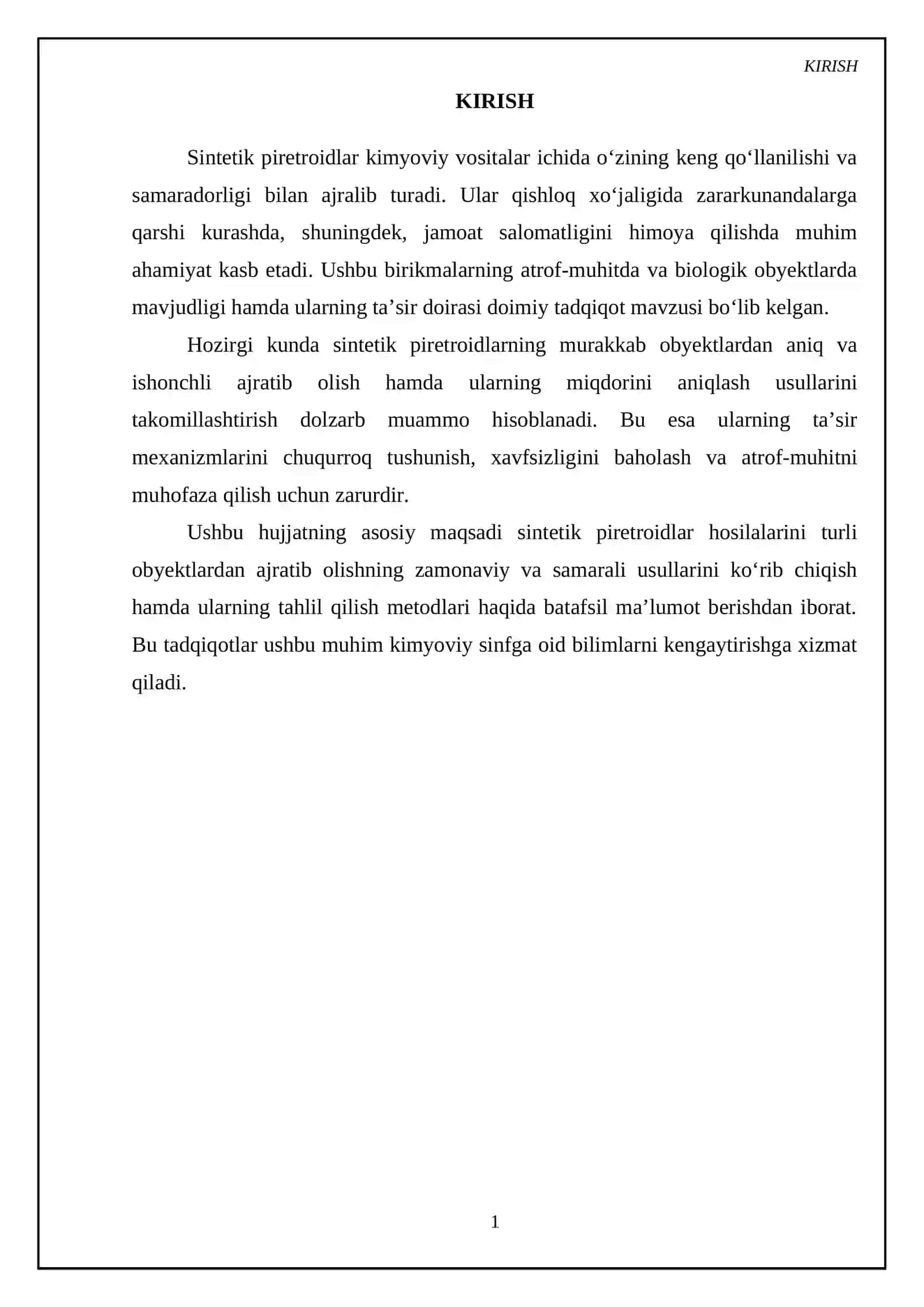 Sintetik piretroitlar hosilalari. Ularning ob'ektlardan ajratib olish va tahlil usullari 3