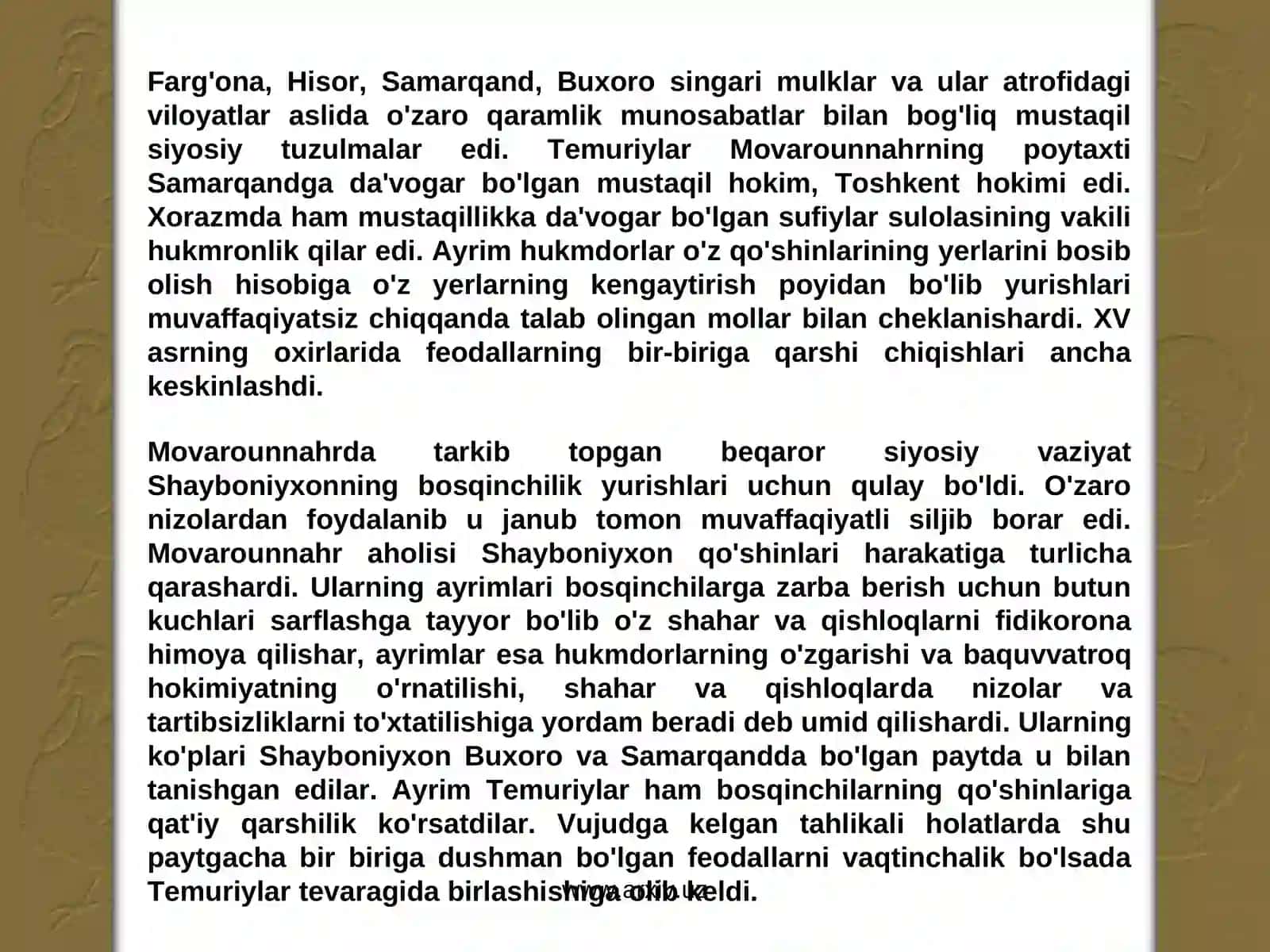 Turkistonning xonliklarga bo'linib ketishi, uning sabab va oqibatlari 3
