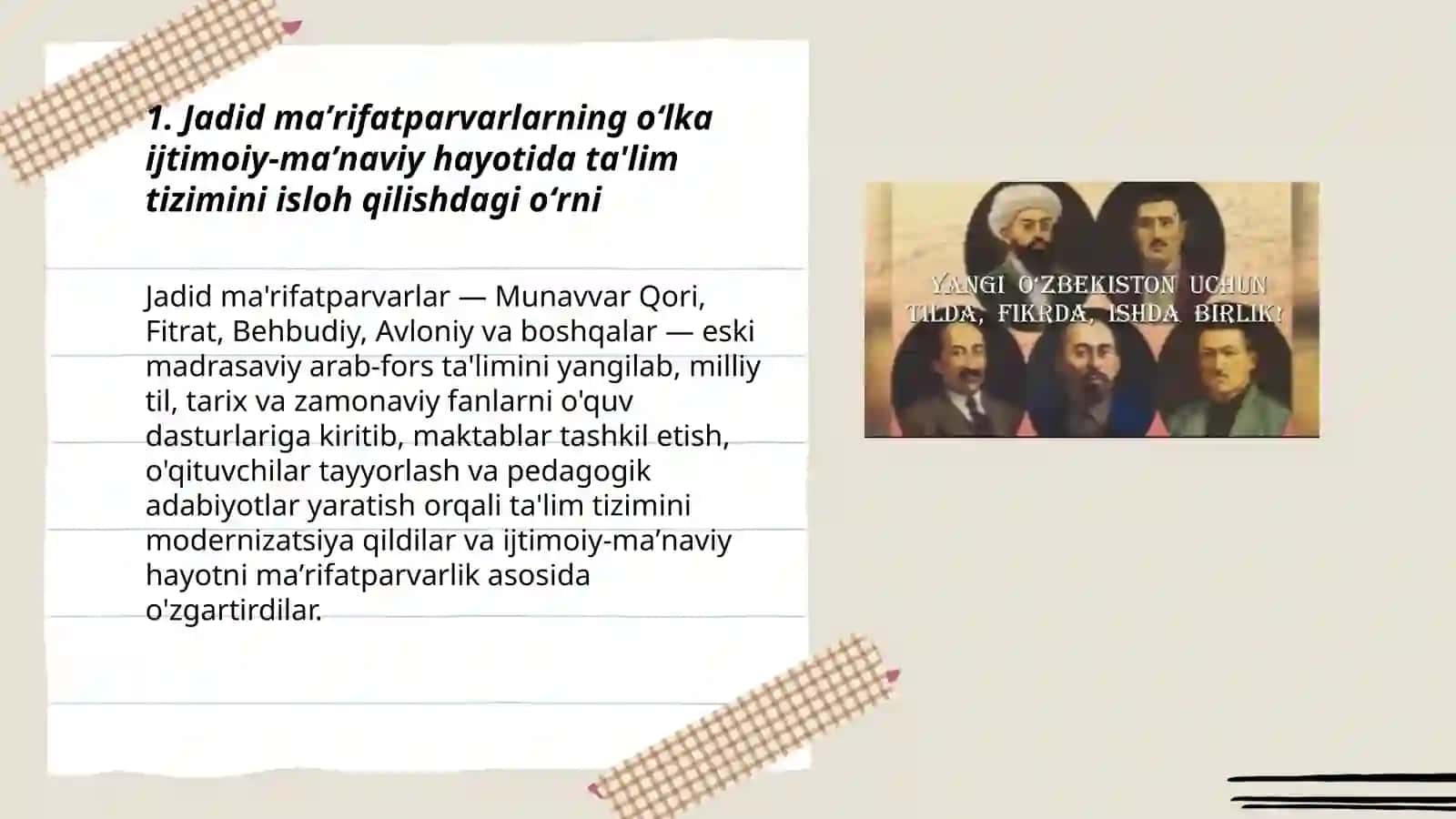 Jadid maʼrifatparvarlarning oʻlka ijtimoiy -maʼnaviy hayotida tutgan oʻrni (Munavvar Qori Fitrat Behbudiy Avloniy va boshqalar) 3