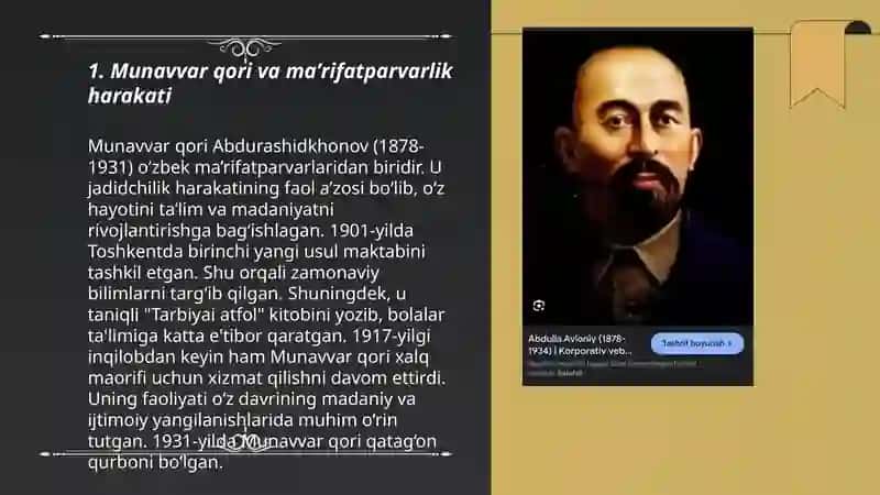 Jadid maʼrifatparvarlarining oʻlka ijtimoiy-manaviy hayotida tutgan oʻrni(Munavvar qori, Fitrat, Behbudiy, Avloniy) 3
