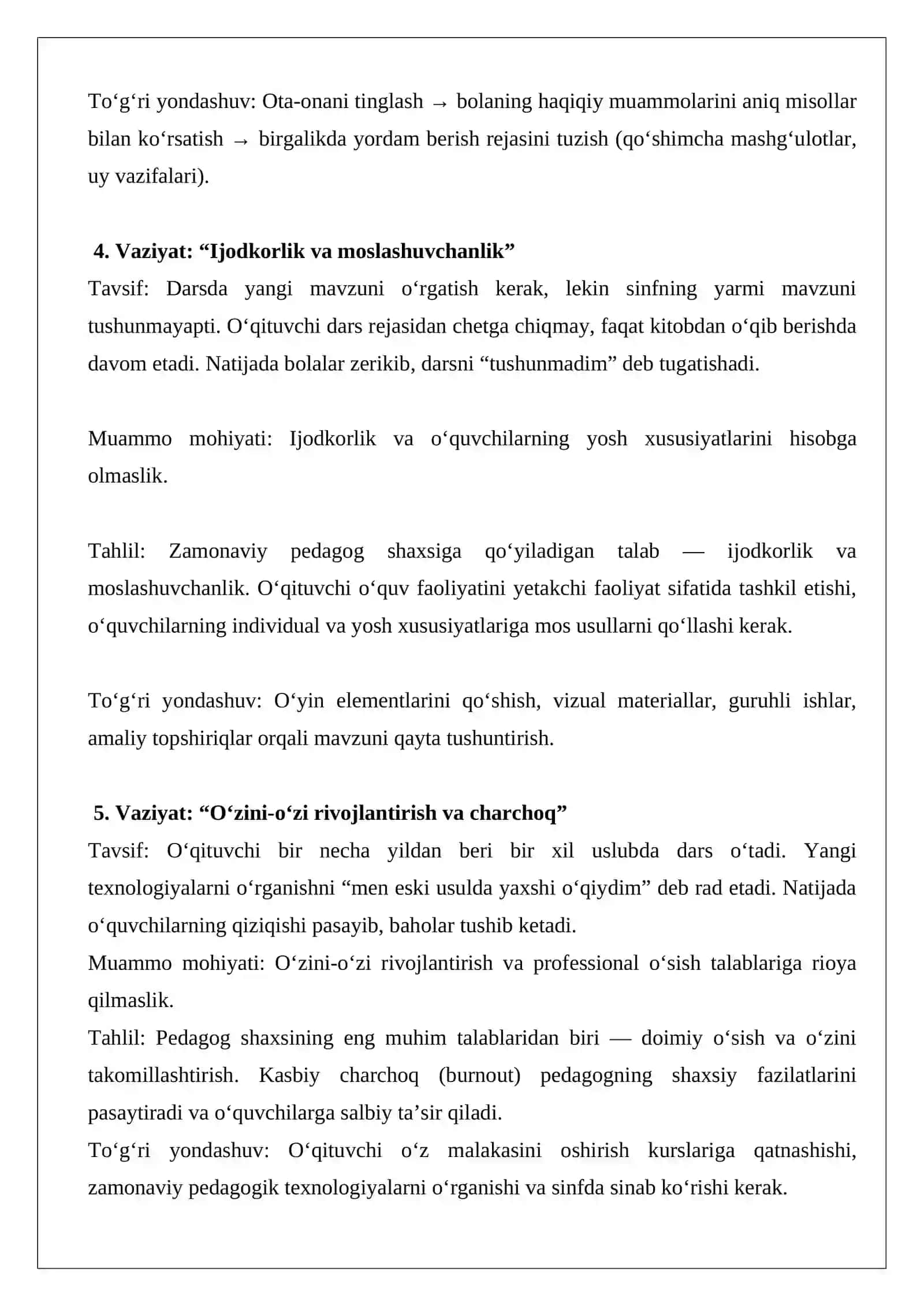 edagog shaxsi va unga qo‘yilgan talablar muammoli vaziyatlarni tahlil qilish. 3