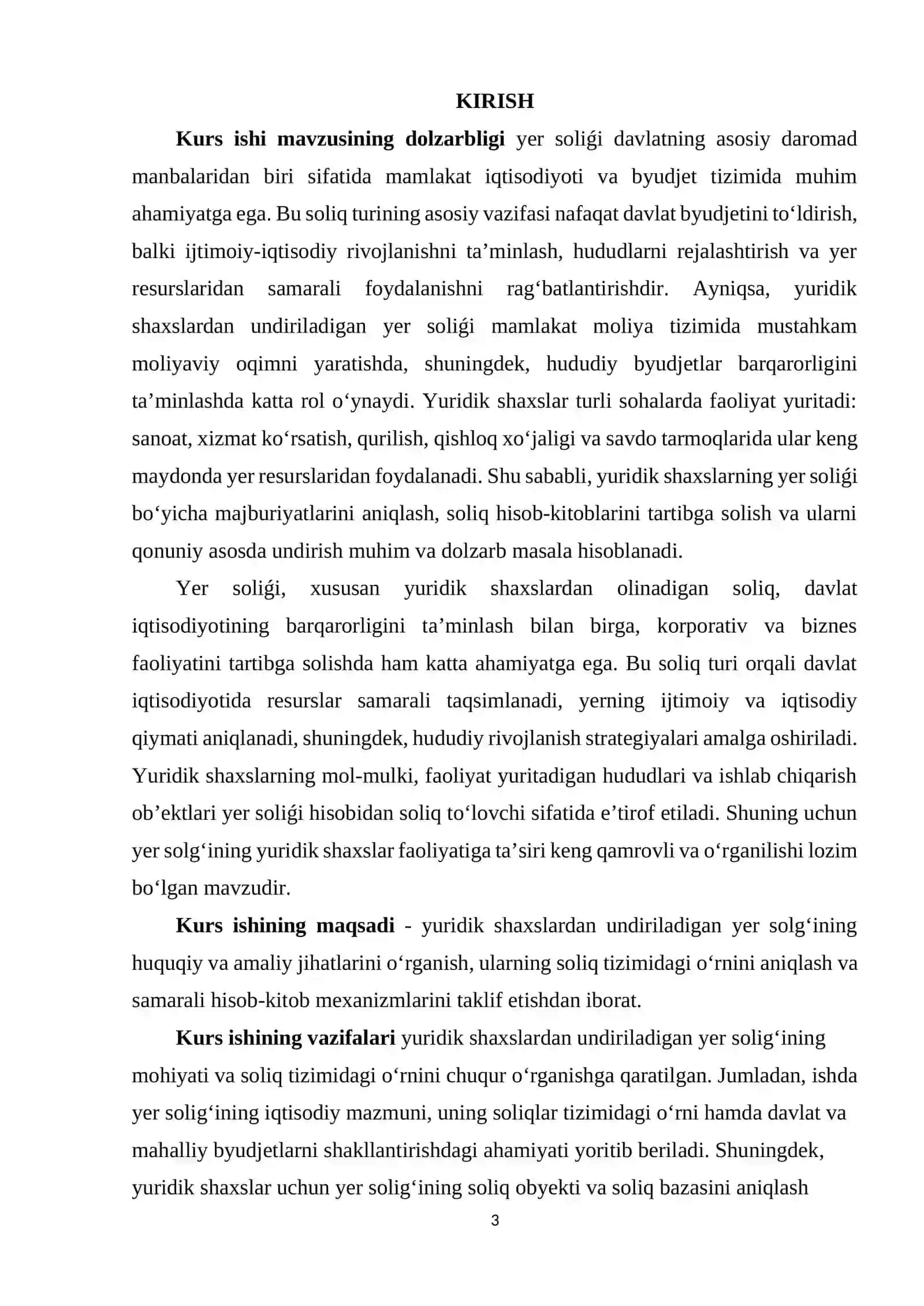 Yuridik shaxslardan undiriladigan yer soliǵi va uni soliq tizimida tutgan o‘rni 3