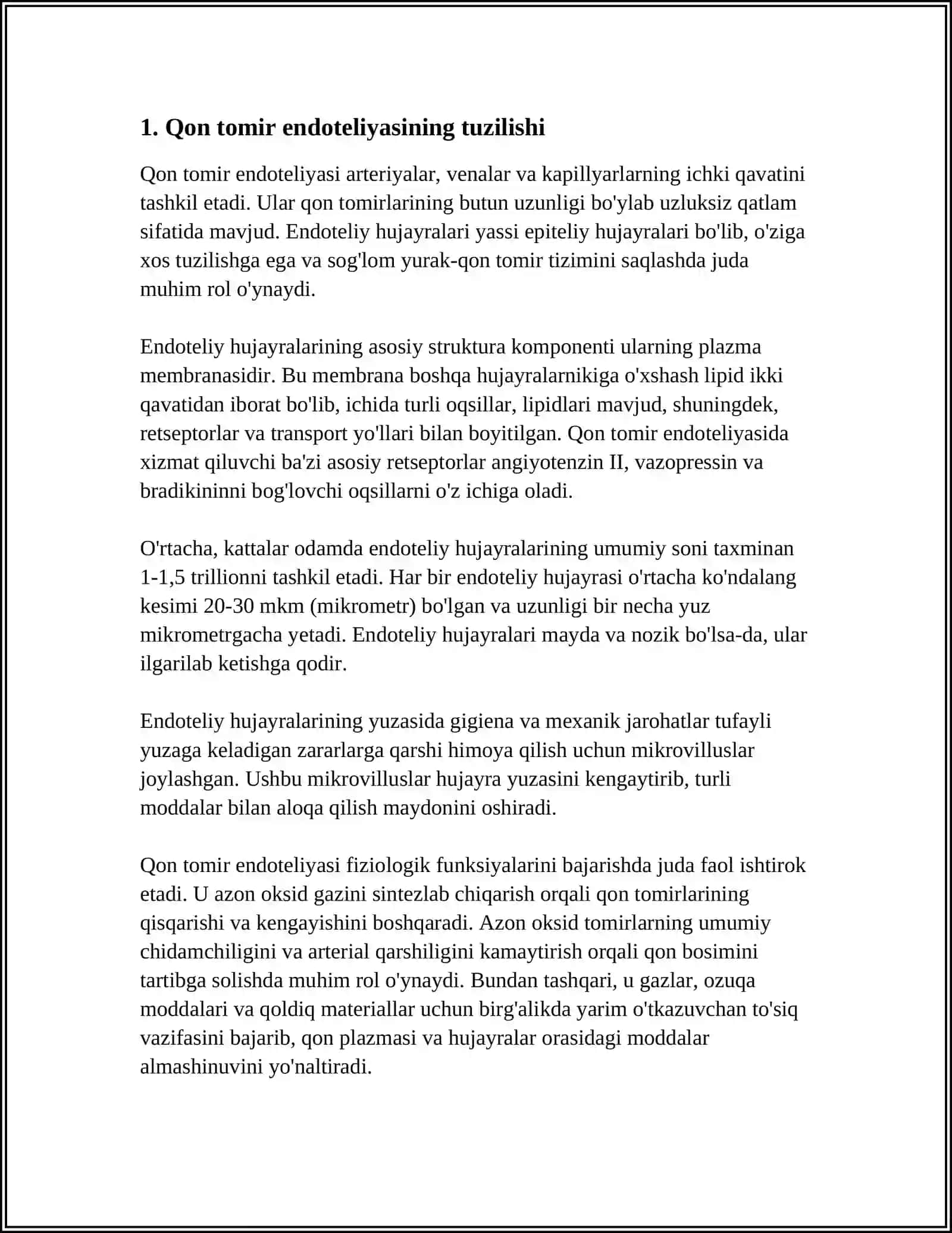QON TOMIR ENDOTELIYASINING FUNKSIYASILARI. YURAK- QON TOMIRLAR TIZIMIDA REGENERATOR VA KOMPENSATOR JARAYONLAR 3
