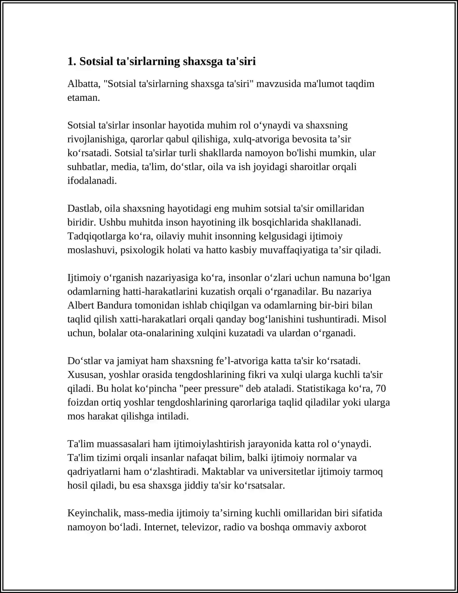 MUSTAQIL ISH Mavzu: SOTSIAL TA'SIRLARNING SHAXS TOMONIDAN ANGLANISHI VA SHAXSNING "MEN" OBRAZI 3