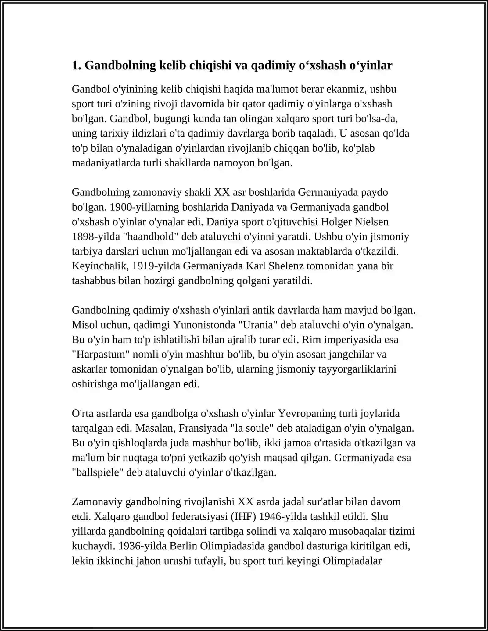 GANDBOL OʻYININING TARIXI 3