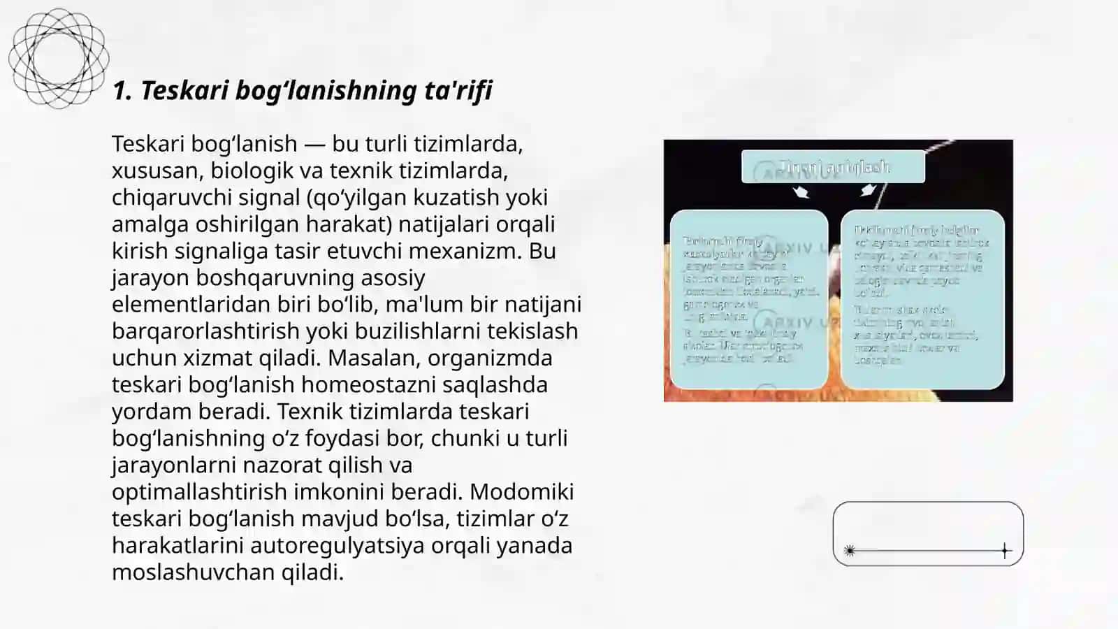 Teskari bogʻlanish ta'rifi.Teskari bogʻlanish turlarini klassifikatsiyasi.Kuchaytirgichlarda teskari bogʻlanish kiritishning asosiy turlari 3