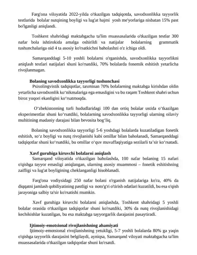 Bolalarning savod o'rgatish jarayoniga tayyorgarligini o'rganish 3