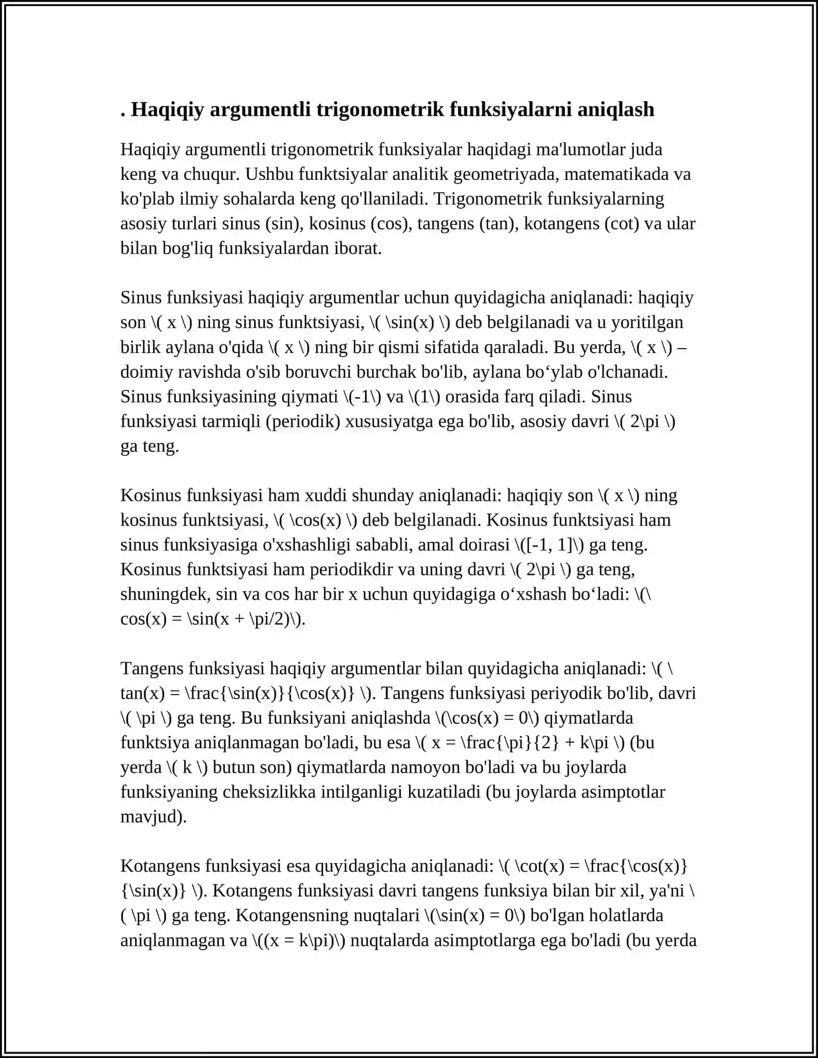 HAQIQIY ARGUMENTLI TRIGONOMETRK FUNKSIYALAR VA ULARNING XOSSALARI 3