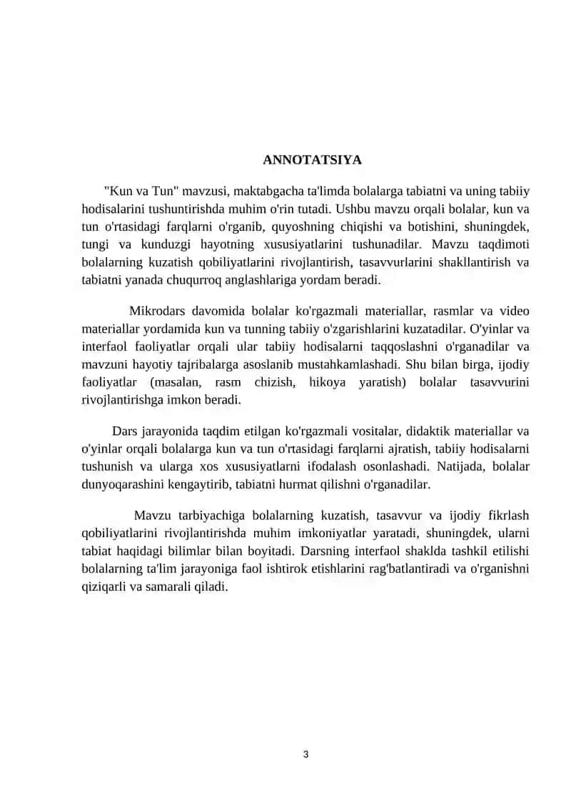 ‘’Kun va  tun’’ haqida tushuncha  berish  kichik gurux  fan va tabiat 3