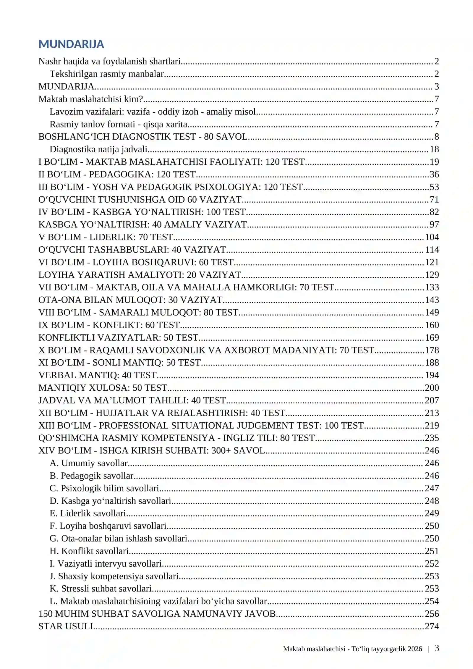 Maktab maslahatchisi 2026 | 1000+ test + 300+ suhbat savoli + vaziyatli topshiriqlar | Javoblari bilan 3