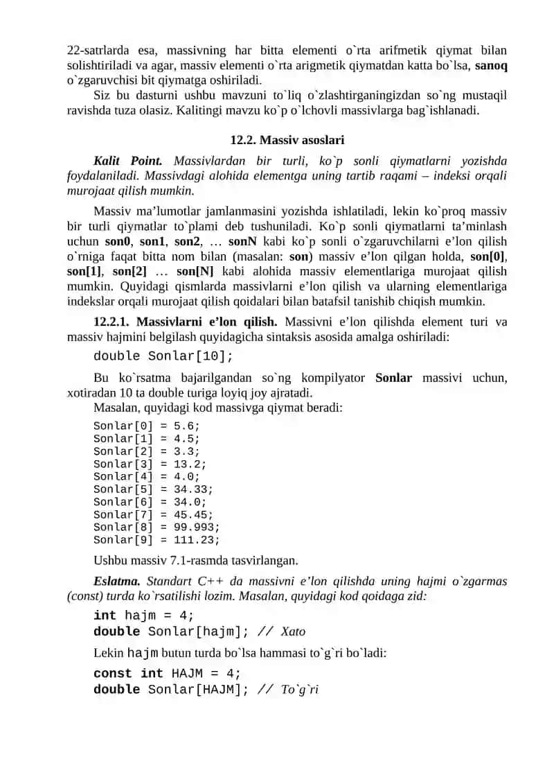 MASSIV TUSHUNCHASI. BIR O‘LCHOVLI MASSIVLARNI E’LON QILISH YO‘LLARI. MASSIVLARGA FUNKSIYADAN MUROJAT QILISH. 3
