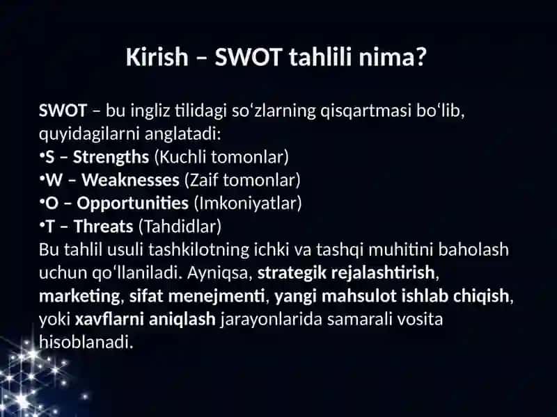 Muayyan korxonaning sifat menejmenti faoliyatini SWOT usulida tahlil qilish. 3