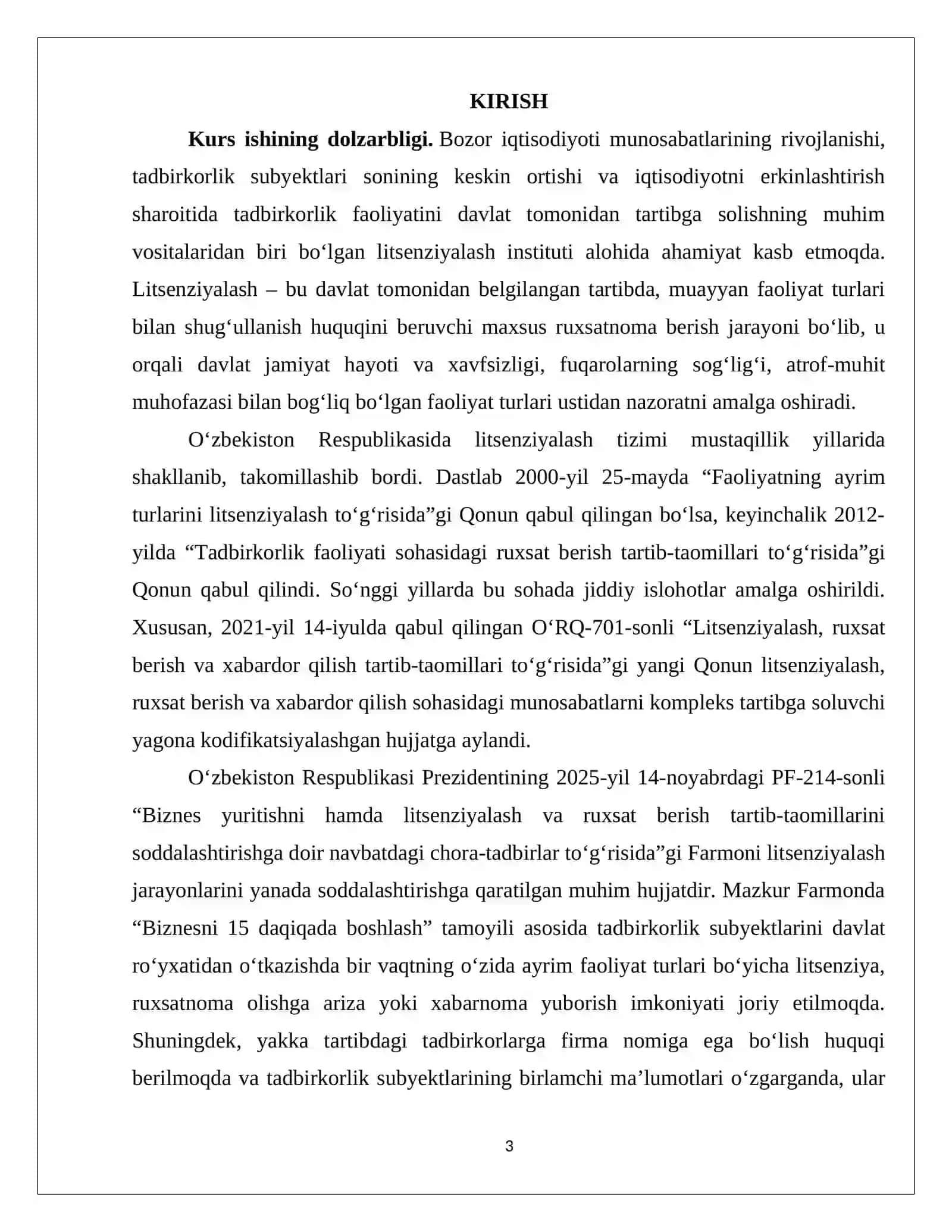 TADBIRKORLIK SUBEKTLARINI LITSENZIYALASH TUSHUNCHASI VA TARTIBI KURS ISHI 3