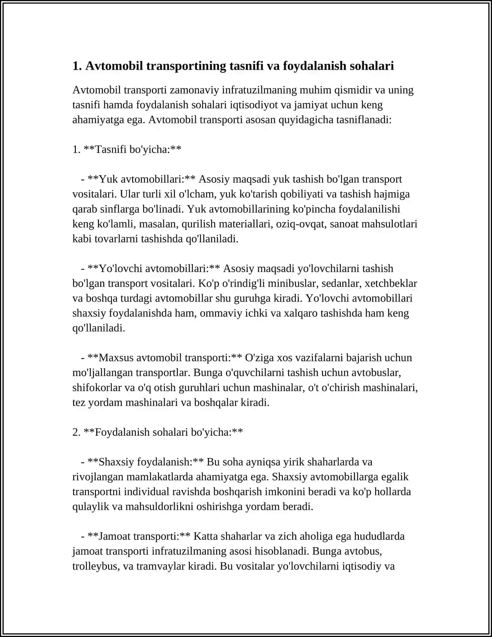 AVTOMOBIL TRANSPORTINI O'ZIGA XOS XUSUSIYATLARI VA TEXNIK JIHOZLARINI O'RGANISH 3