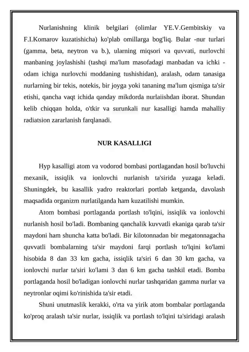 Ionlovchi nurlar, TINCHIK DAVRIDA  RADIATSION ZARARLANISH 3